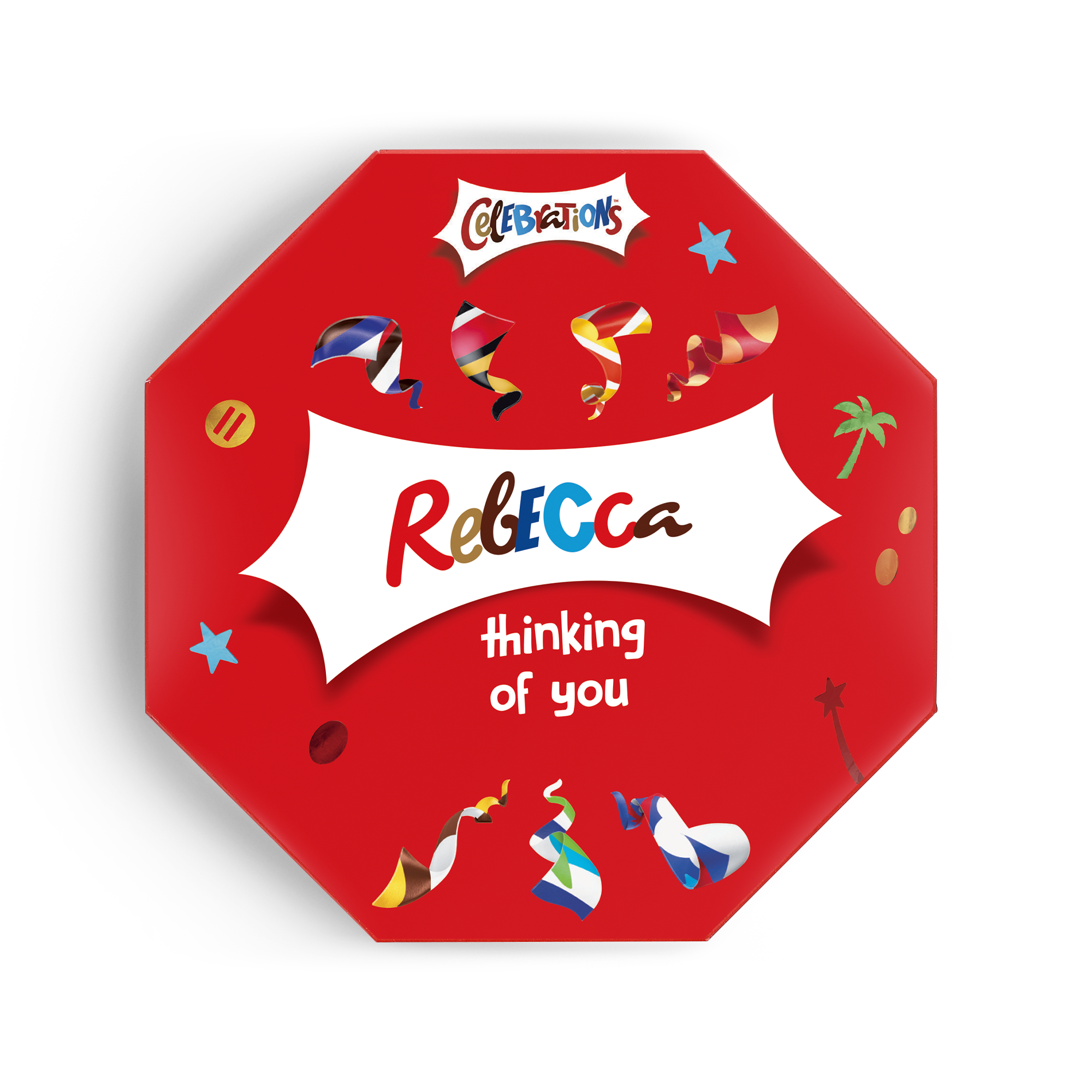 Red Celebrations box printed with the name Rebecca and text 