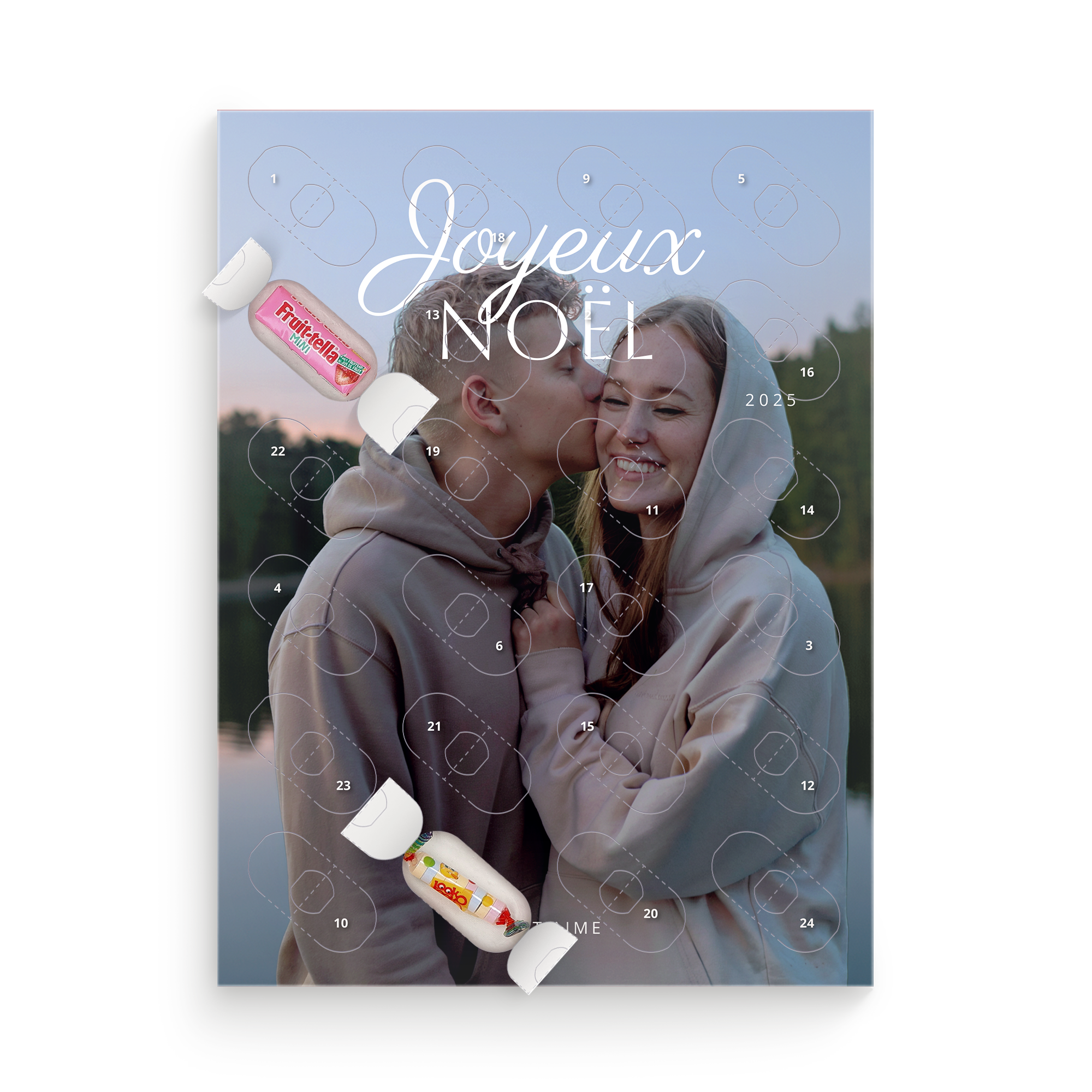 Calendrier de lAvent confiseries personnalisé imprimé avec photo Joyeux Noël et lannee 2025