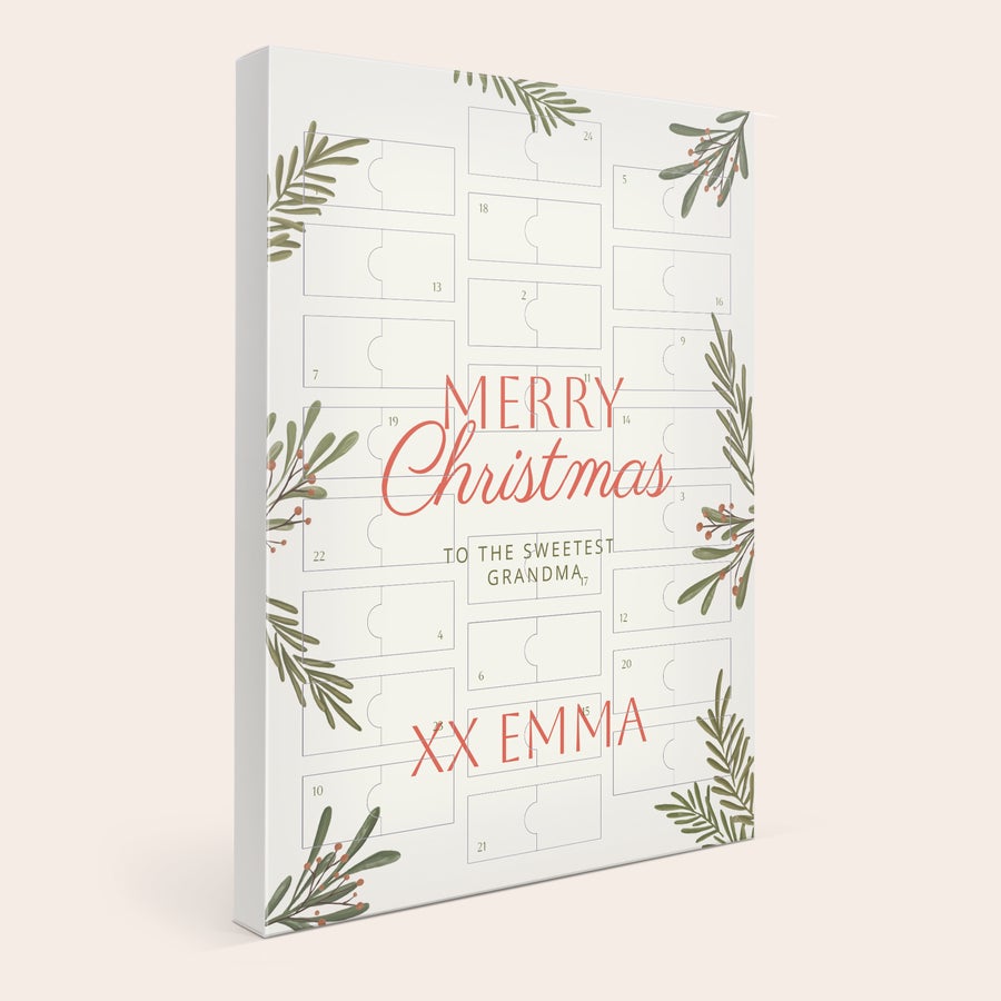 Calendario de adviento personalizado de Mars Miniatures Calendario de Adviento personalizado con la frase "Merry Christmas to the sweetest Grandma XX Emma" impreso.
