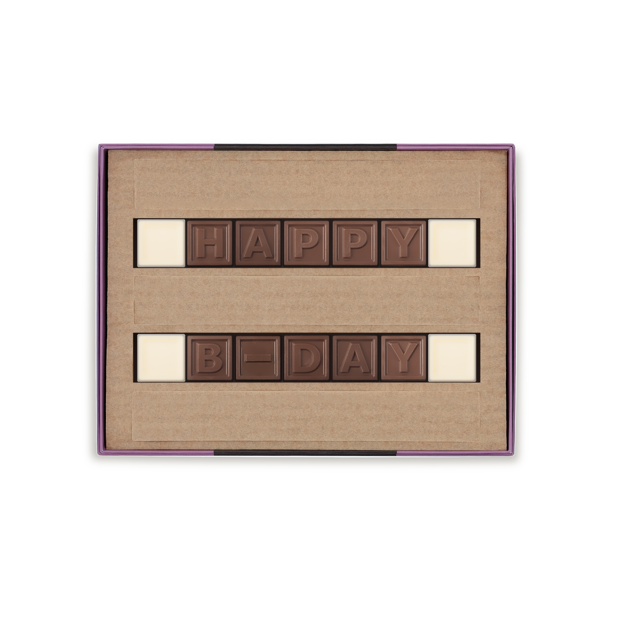Chocotelegram® personnalisé "HAPPY B-DAY" en chocolat au lait et blanc dans un coffret cadeau