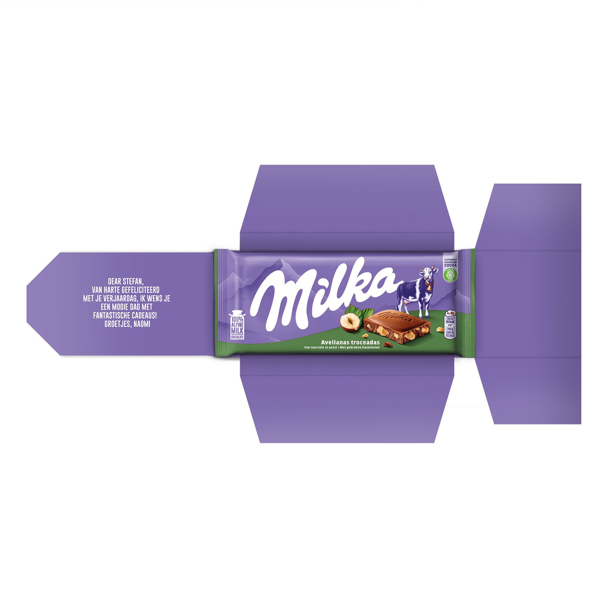Gepersonaliseerde Milka reep - Gebroken noten met eigen wikkel. De wikkel is bedrukt met een verjaardagswens aan Stefan van Naomi.