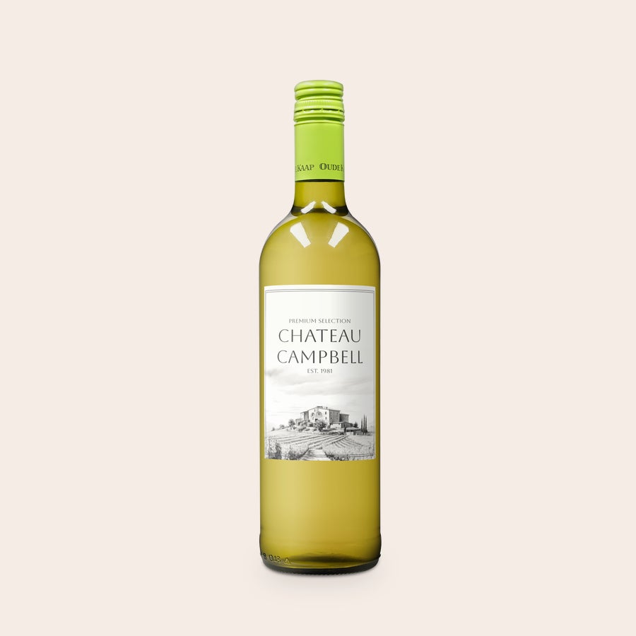 Oude Kaap Botella de vino blanco con etiqueta personalizable. La etiqueta, con diseño de viñedo, se puede imprimir con foto y texto.