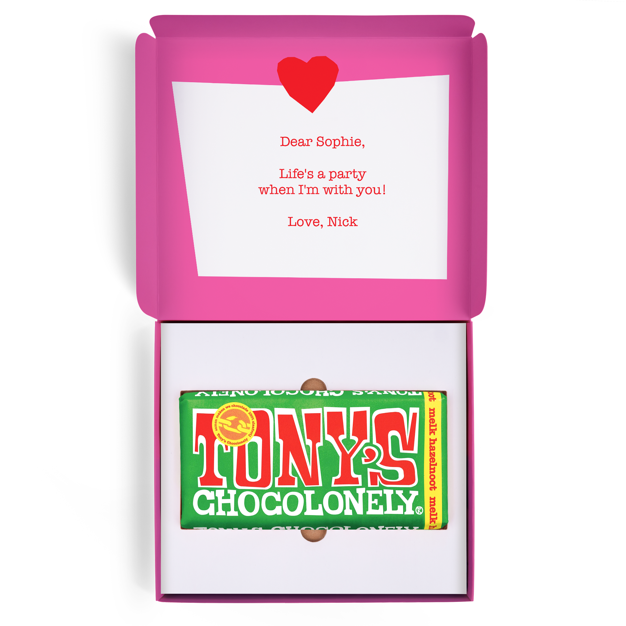Caja de regalo personalizada con mensaje impreso, corazón rojo y barra de Tony's Chocolonely Avellana.