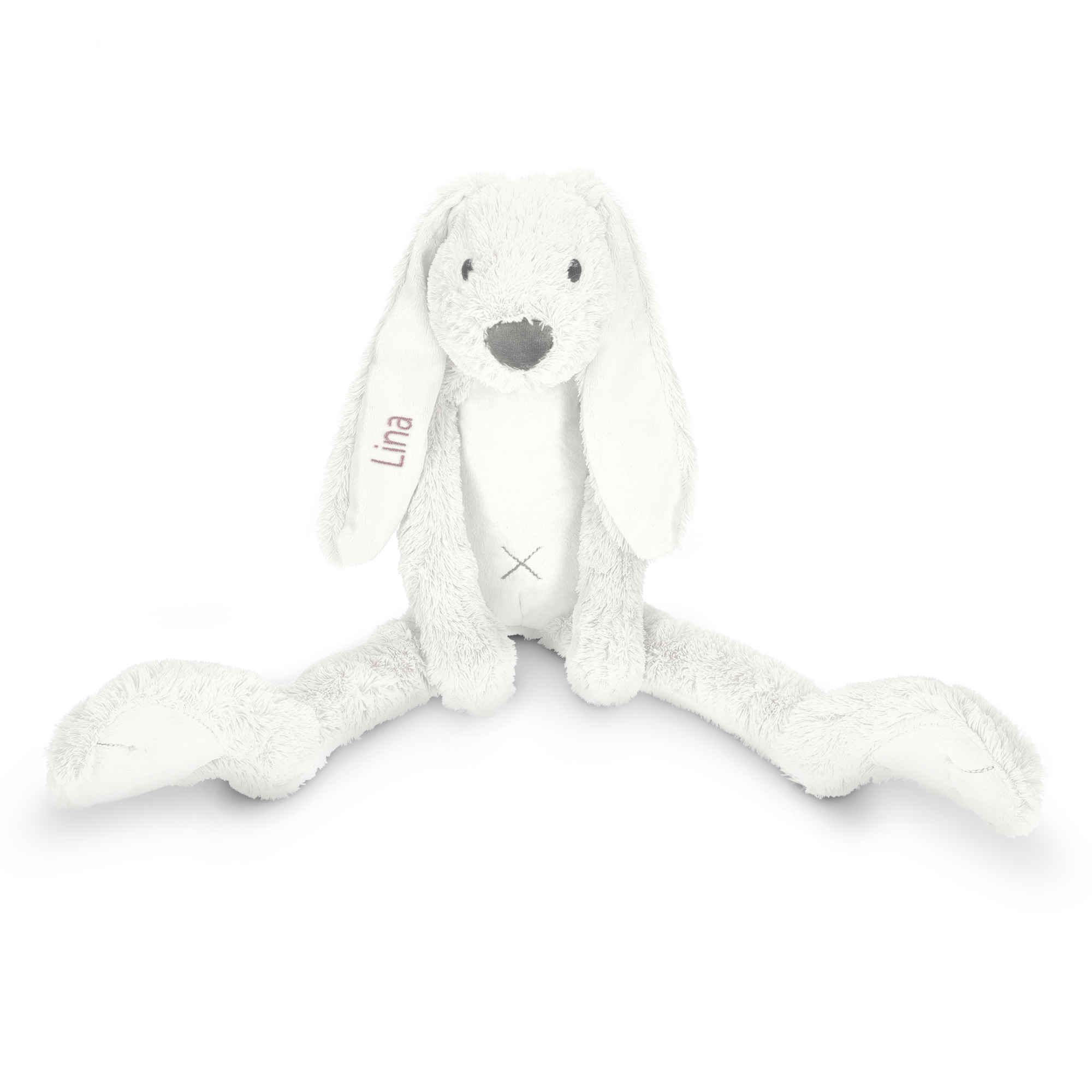Doudou lapin tout doux personnalisé, brodé du prénom Lina sur l'oreille droite