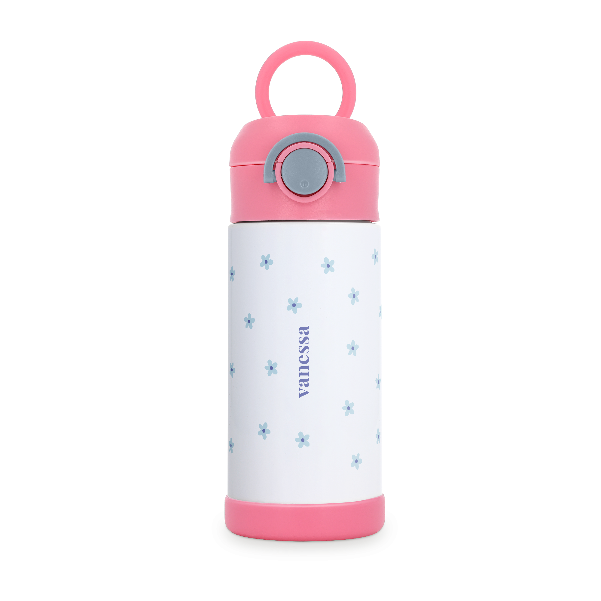 Barnens anpassad vattenflaska i rostfritt stål, vit med rosa detaljer, blommönster och tryckt namn "Vanessa".
