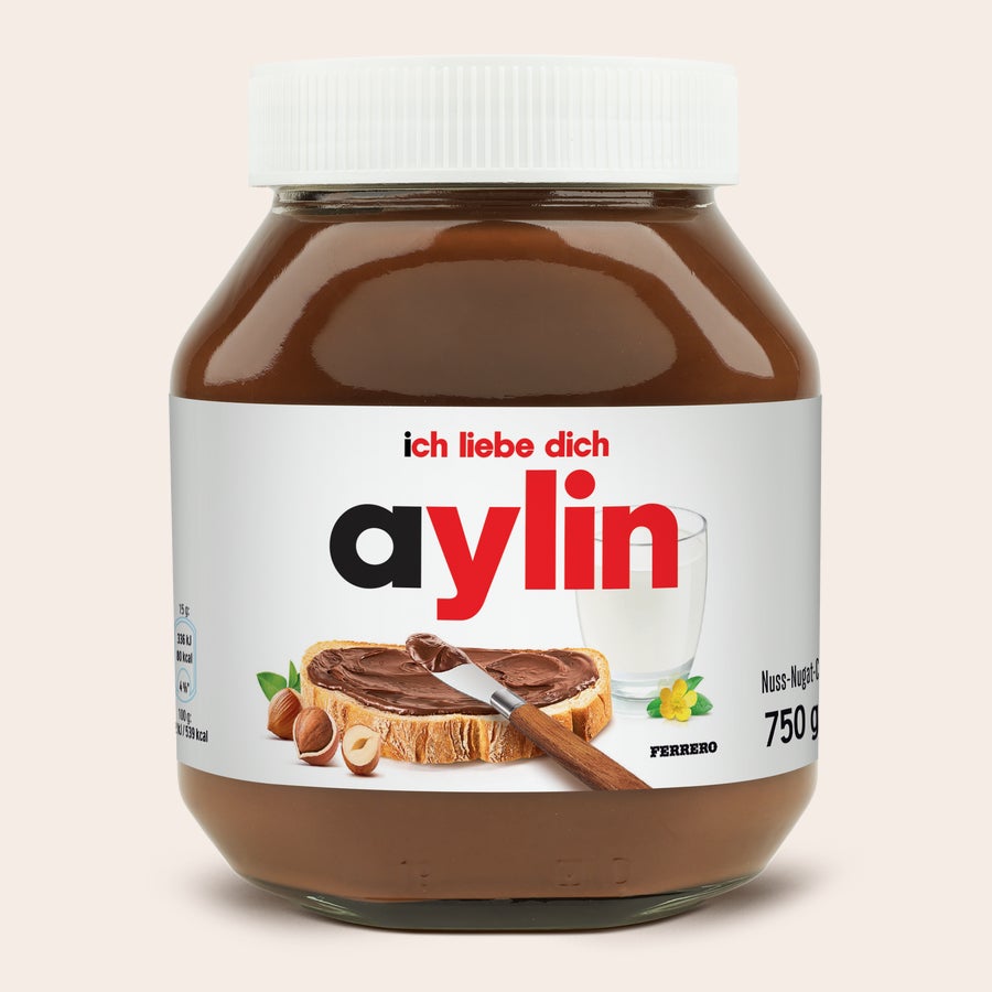 Personalisiertes nutella®-Glas Personalisiertes nutella® Glas (750 g) mit dem Namen Aylin und "ich liebe dich" bedruckt, um deine Liebsten zu überraschen.