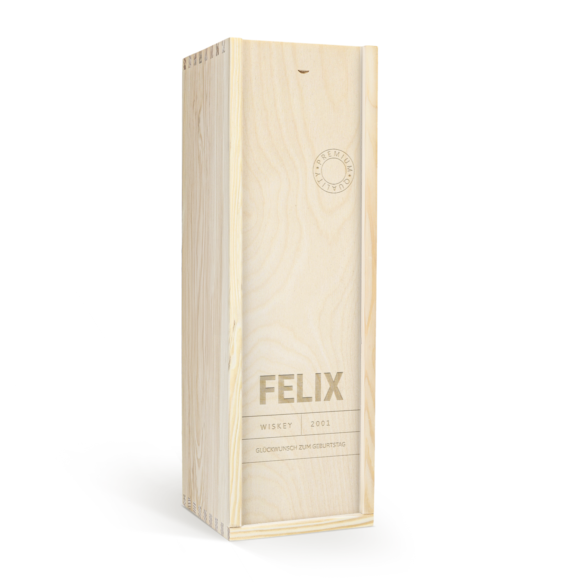 Geschenkflasche Highland Park 12 Years Whisky in personalisierter Holzkiste, graviert mit dem Namen "FELIX" und "GLÜCKWUNSCH ZUM GEBURTSTAG".