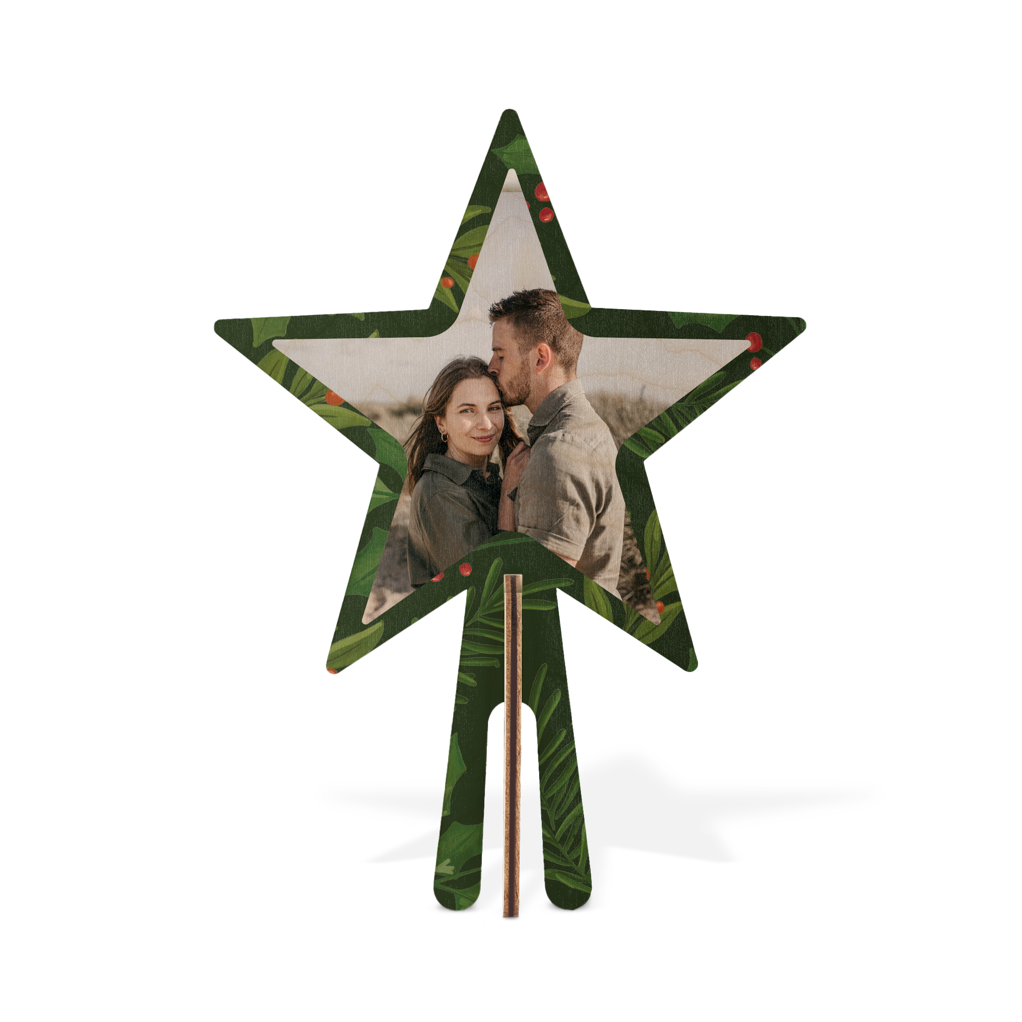 Personlig trätopp i stjärnform med foto av ett par, tryckt i färg som del av ett återanvändbart minijulgransset