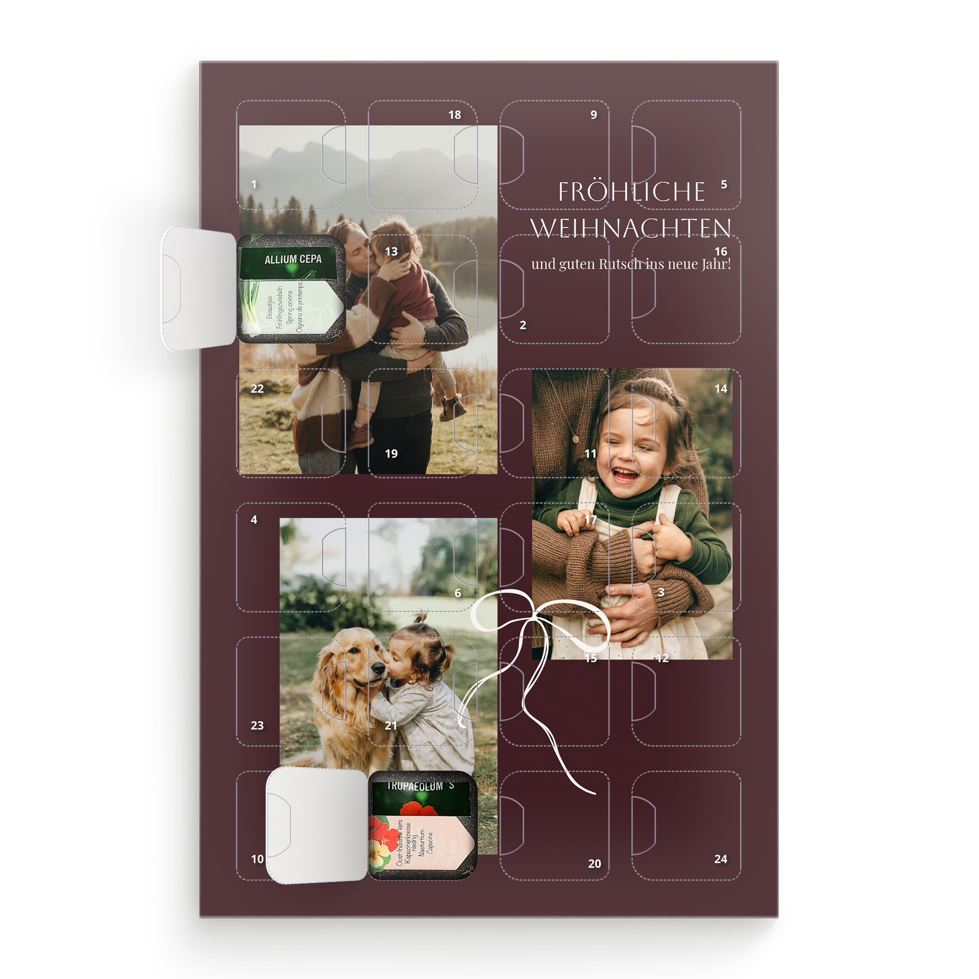 Personalisierter Samen-Adventskalender bedruckt mit Fotos, dem Text 
