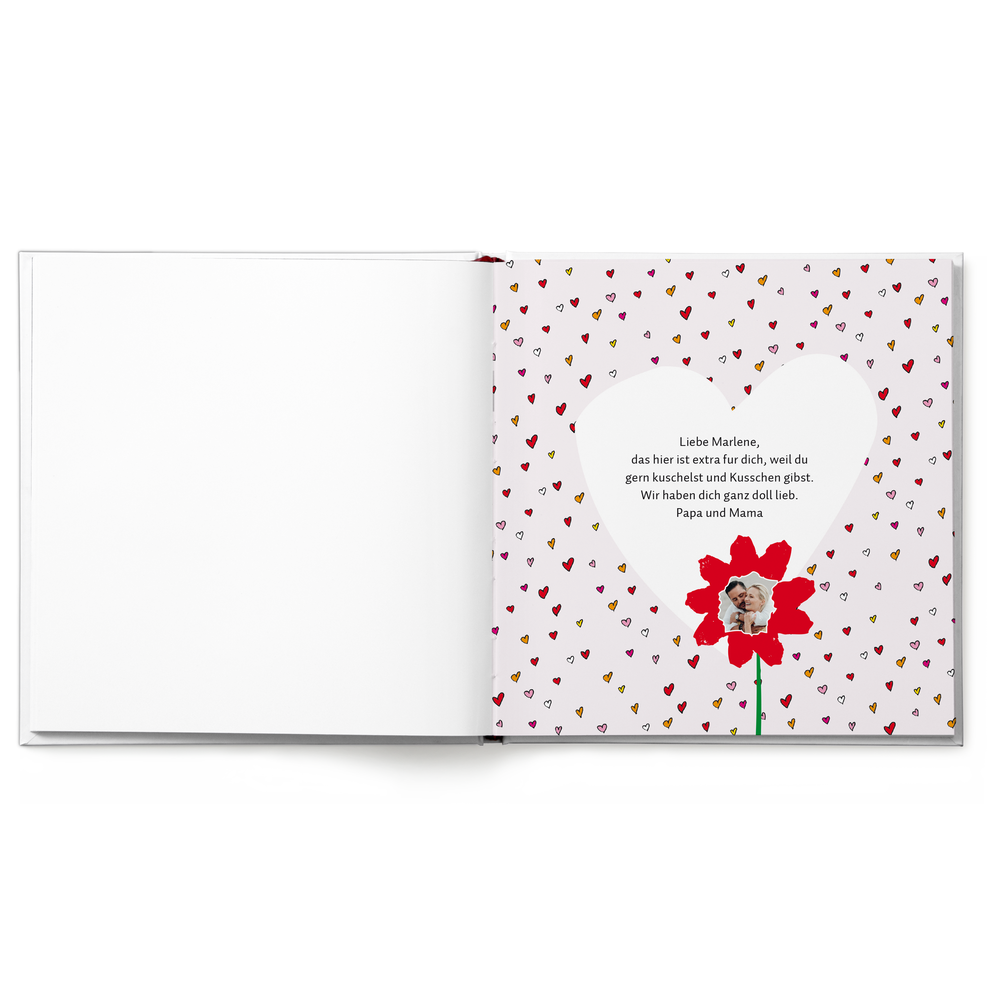Personalisierte Gute-Nacht-Geschichte für Kinder mit herzlichem Text und einem Foto von Papa und Mama in einer roten Blume
