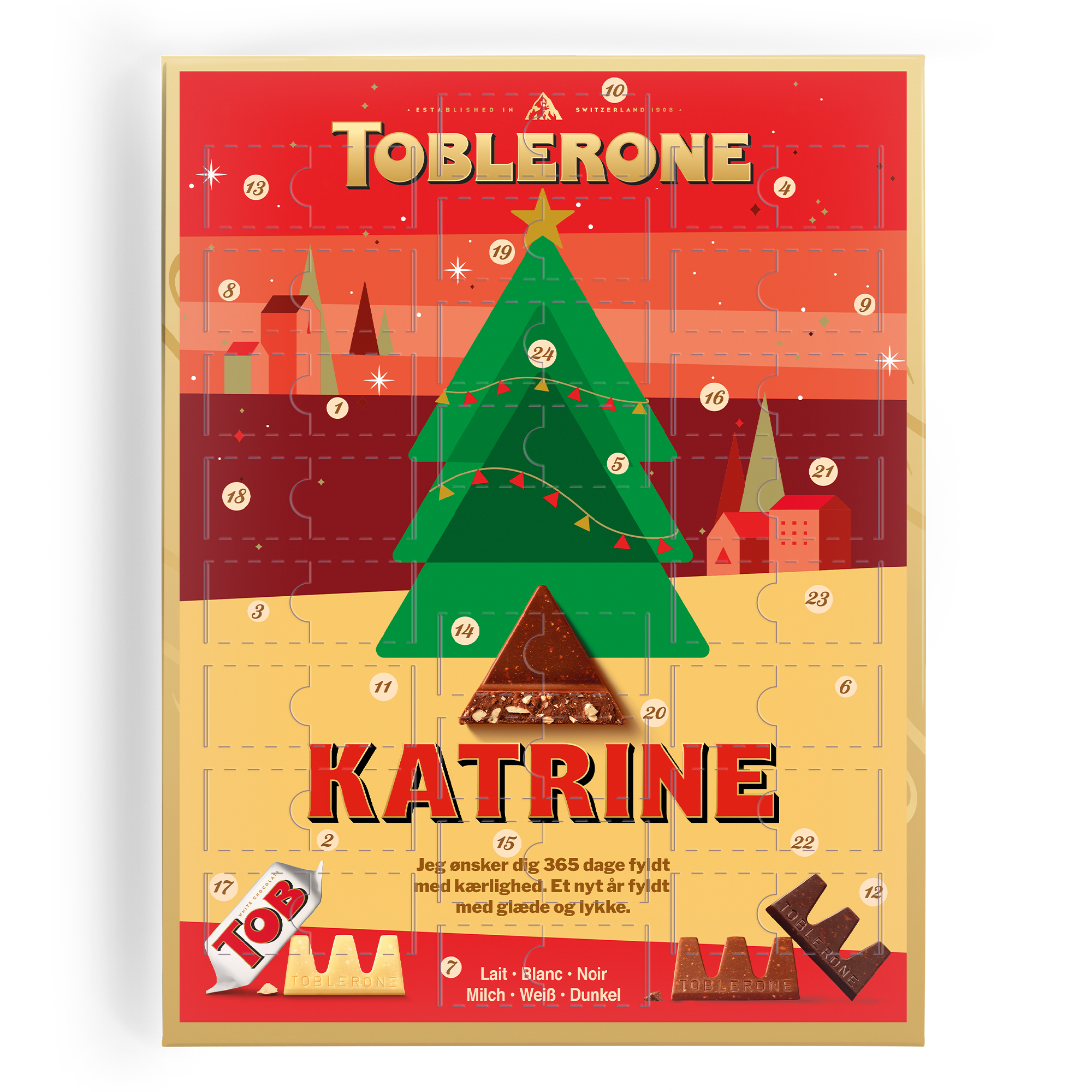 Personlig Toblerone julekalender med navn Katrine og et citat, trykt på kalenderen.
