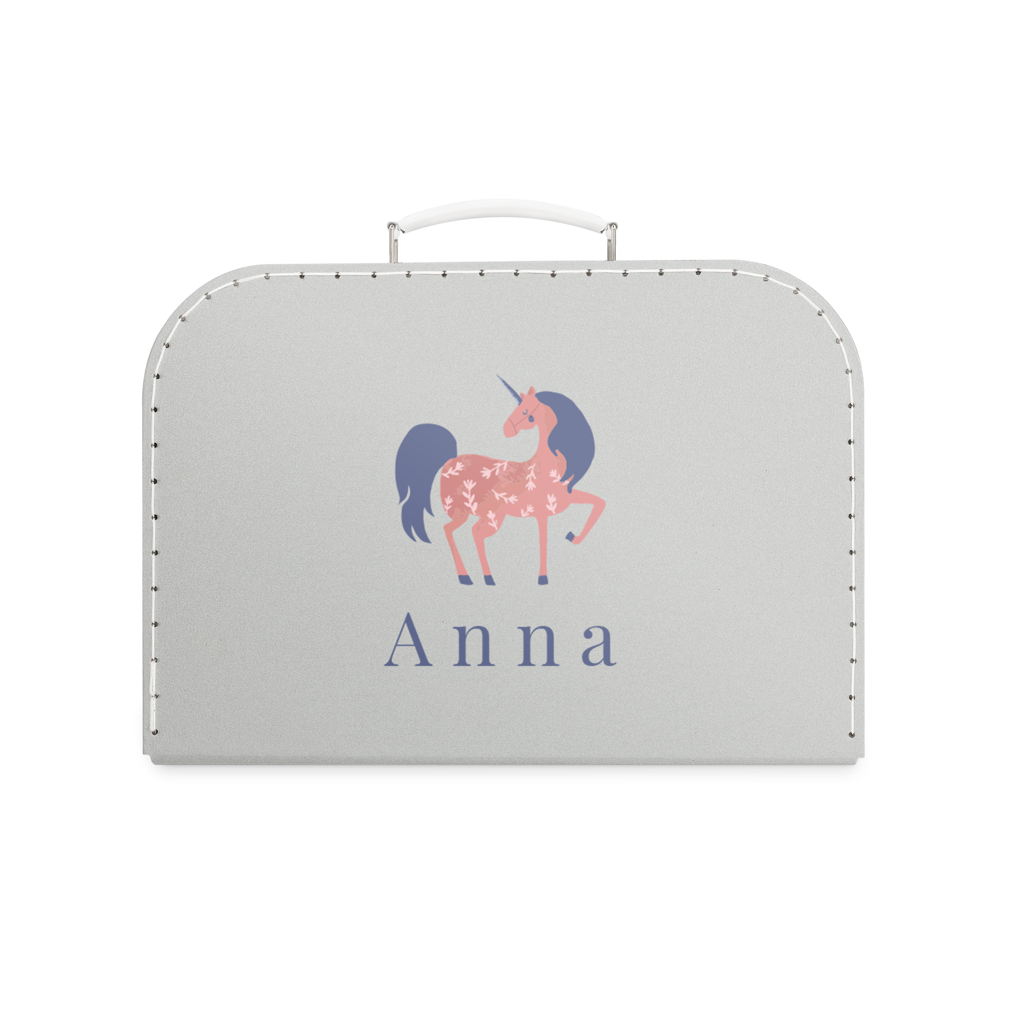Valisette enfant grise personnalisée avec un prénom imprimé et un motif licorne rose