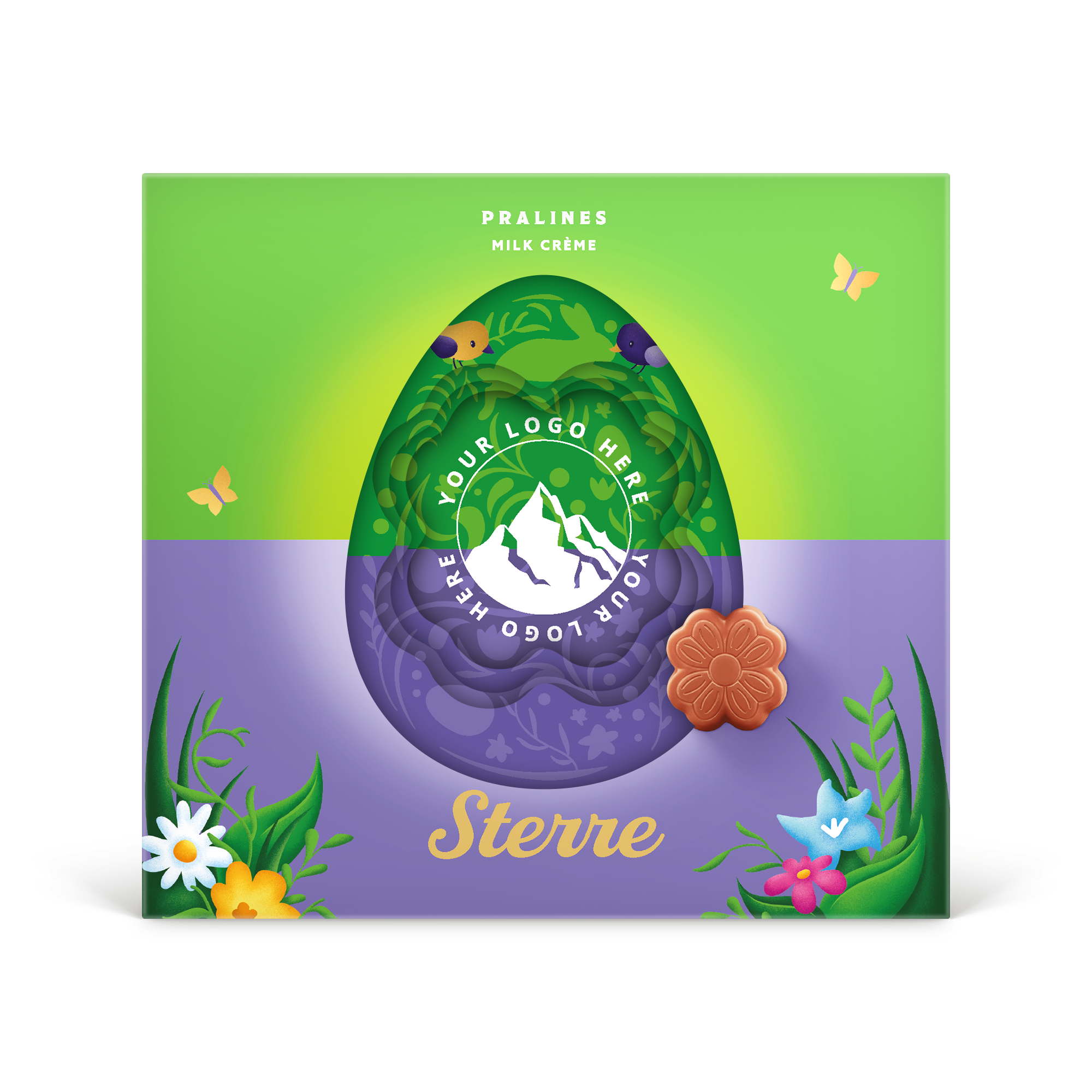 Milka 3D giftbox met 'Pralines Milk Crème', paasdecoratie en de naam 'Sterre', bedrukt in full colour.