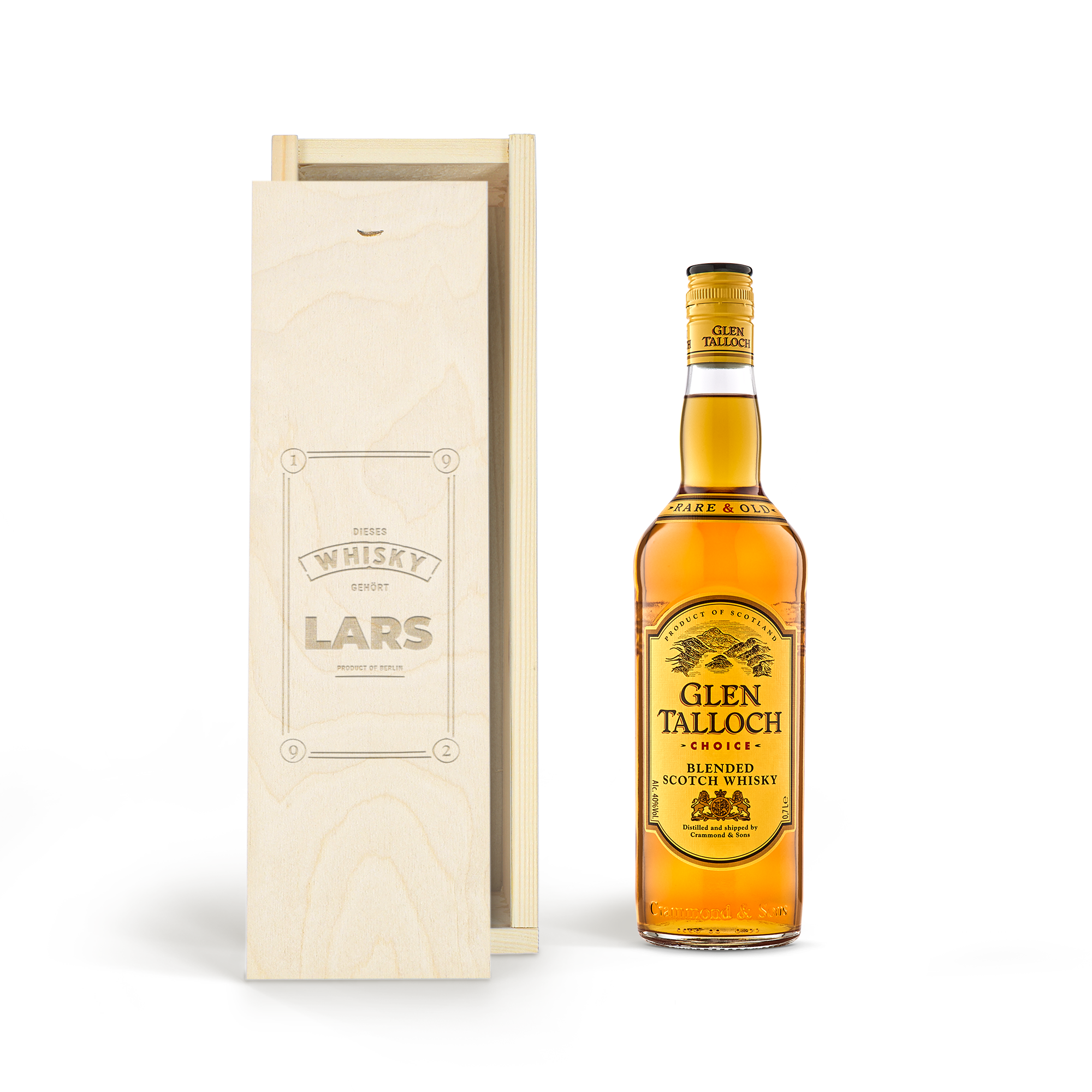 Glen Talloch Whisky in personalisierter Holzkiste, graviert mit dem Namen Lars