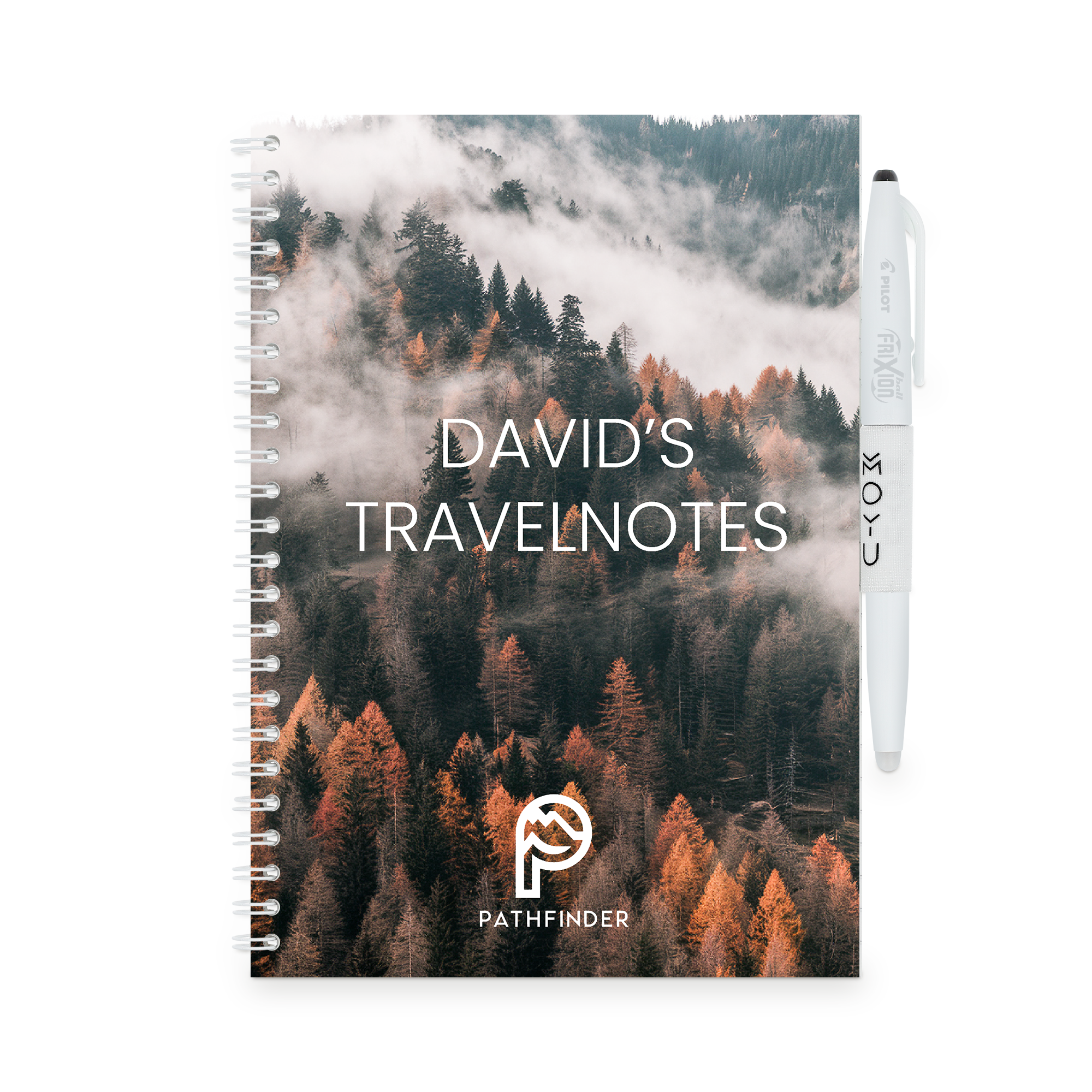 Personalizovaný mazatelný notebook MOYU s potiskem hor a jménem "DAVID'S TRAVELNOTES" a perem