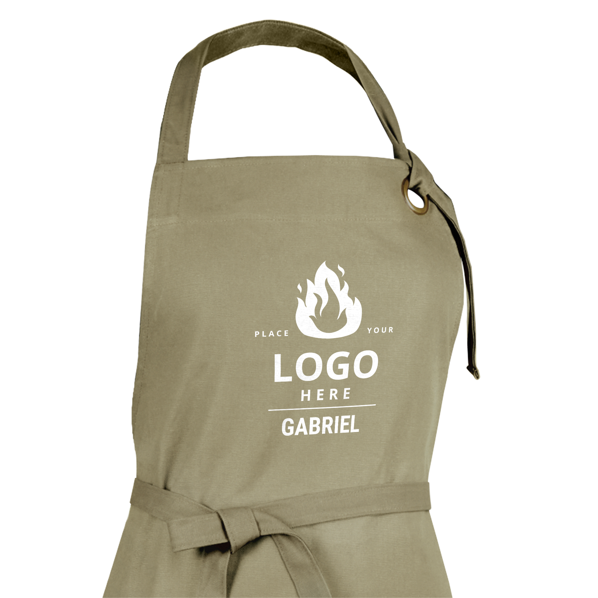 Grønt forklæde med tryk af Gabriel og plads til logo, design dit eget unikke forklæde med billede og tekst.