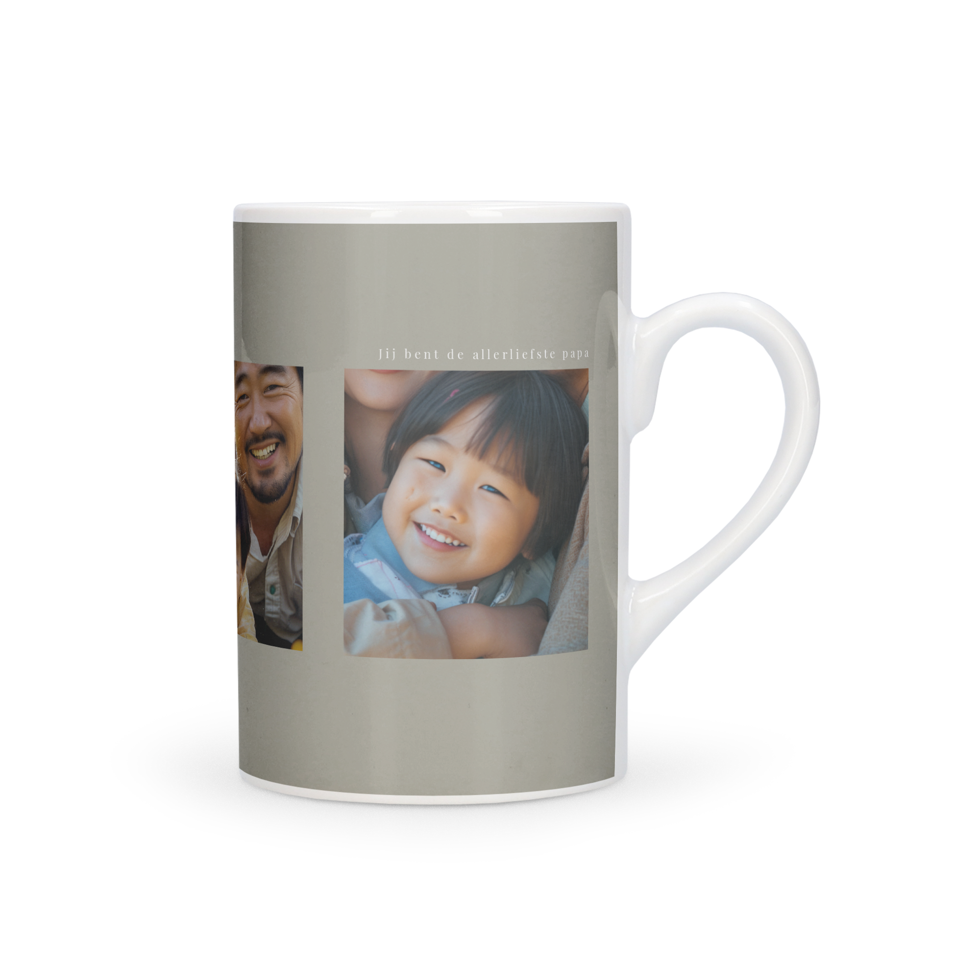 Witte mok met full-colour bedrukte foto's en de tekst "jij bent de allerliefste papa" erop, een unieke bedrukte mok.