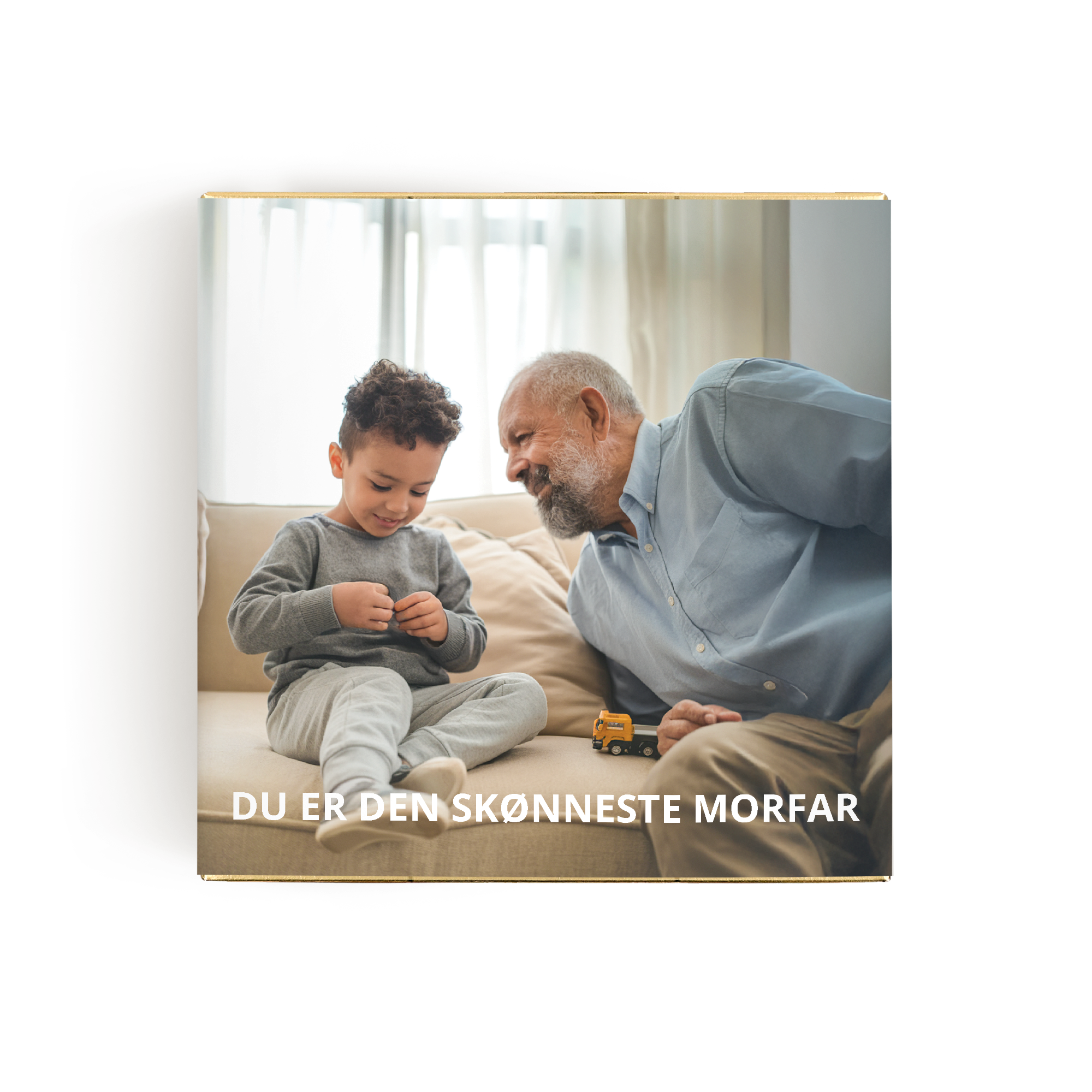 En personlig Ferrero Rocher chokoladegave med billede af et barn og en bedstefar, tekst Du er den skønneste morfar
