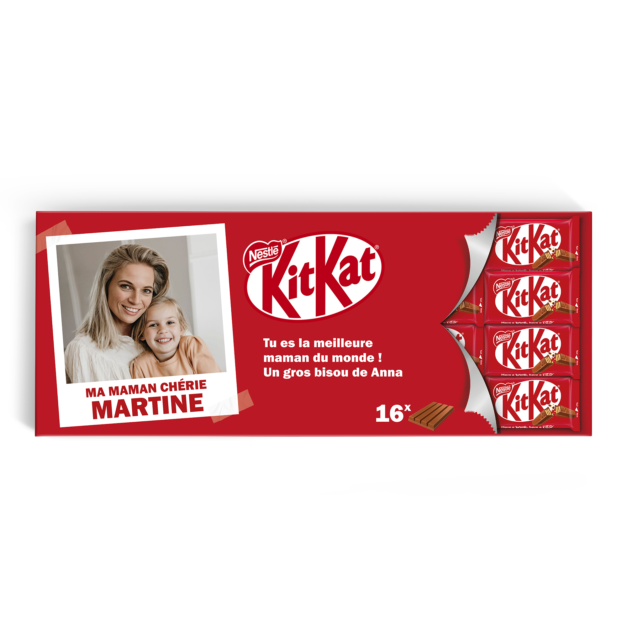 Paquet de chocolat KitKat XL personnalisé avec photo de femme et enfant et le message imprimé Ma maman chérie Martine