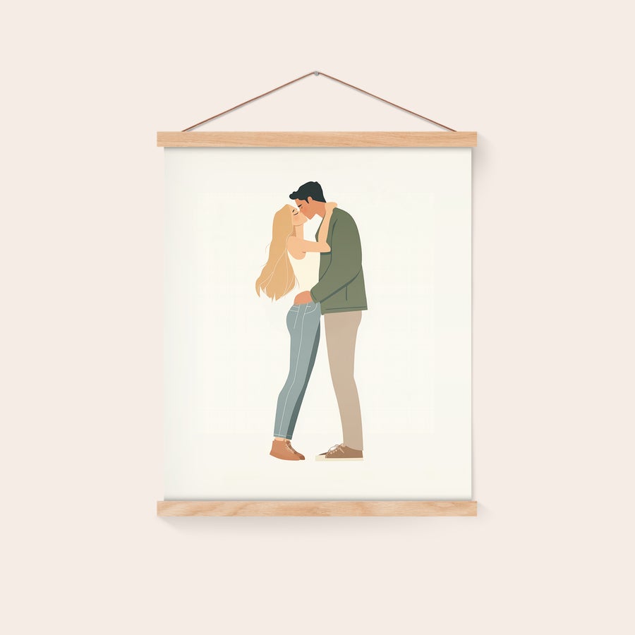 Poster personaliseren met posterhanger Gepersonaliseerde fotomoment poster met illustratie van kussend stel, geprint op posterpapier met magnetische posterhanger