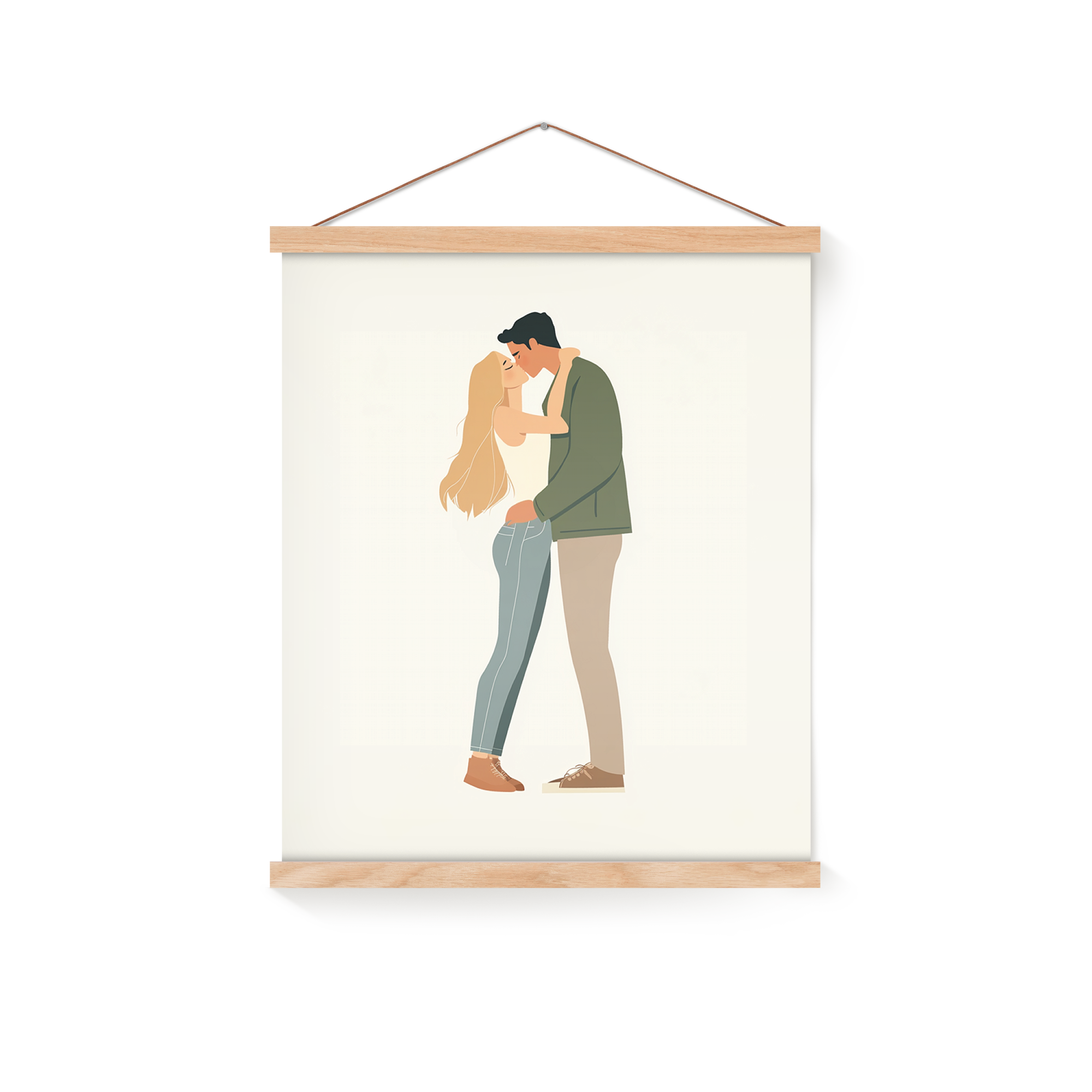 Personalized poster with a printed cartoon couple kissing, held by a magnetic poster hanger