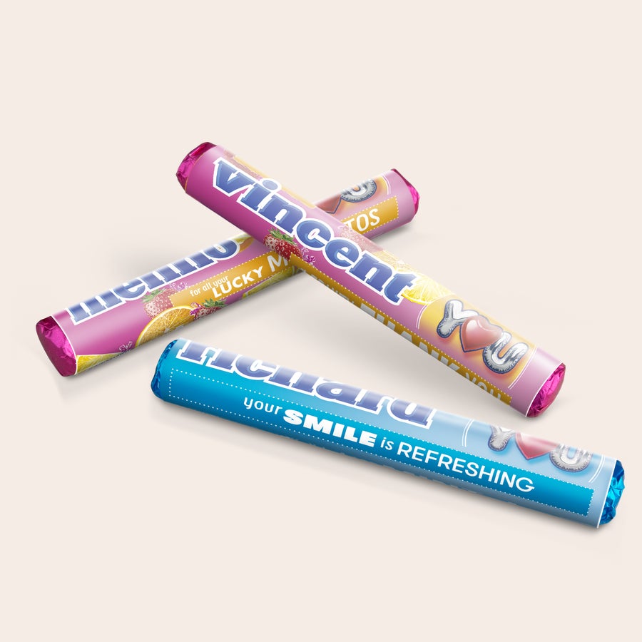 Mentos Giftbox Drie gepersonaliseerde rolletjes Mentos met namen Vincent en Richard, geprint in een toffe giftbox.