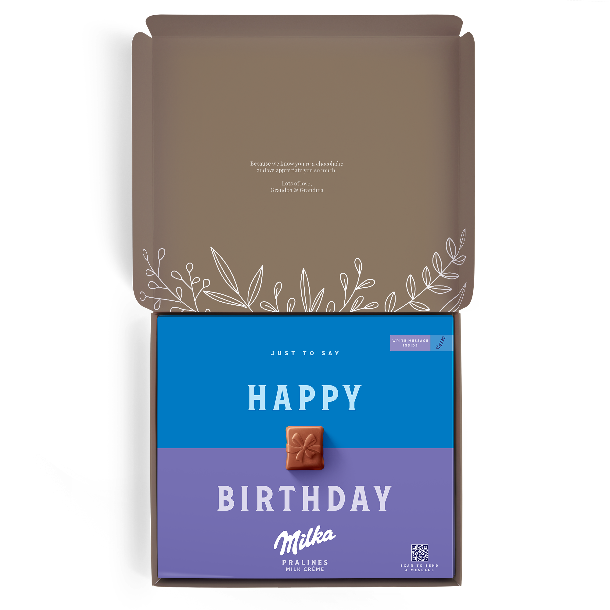 personalizovaná darčeková krabička Milka s nápisom Happy Birthday a pralinkami, potlačená na mieru