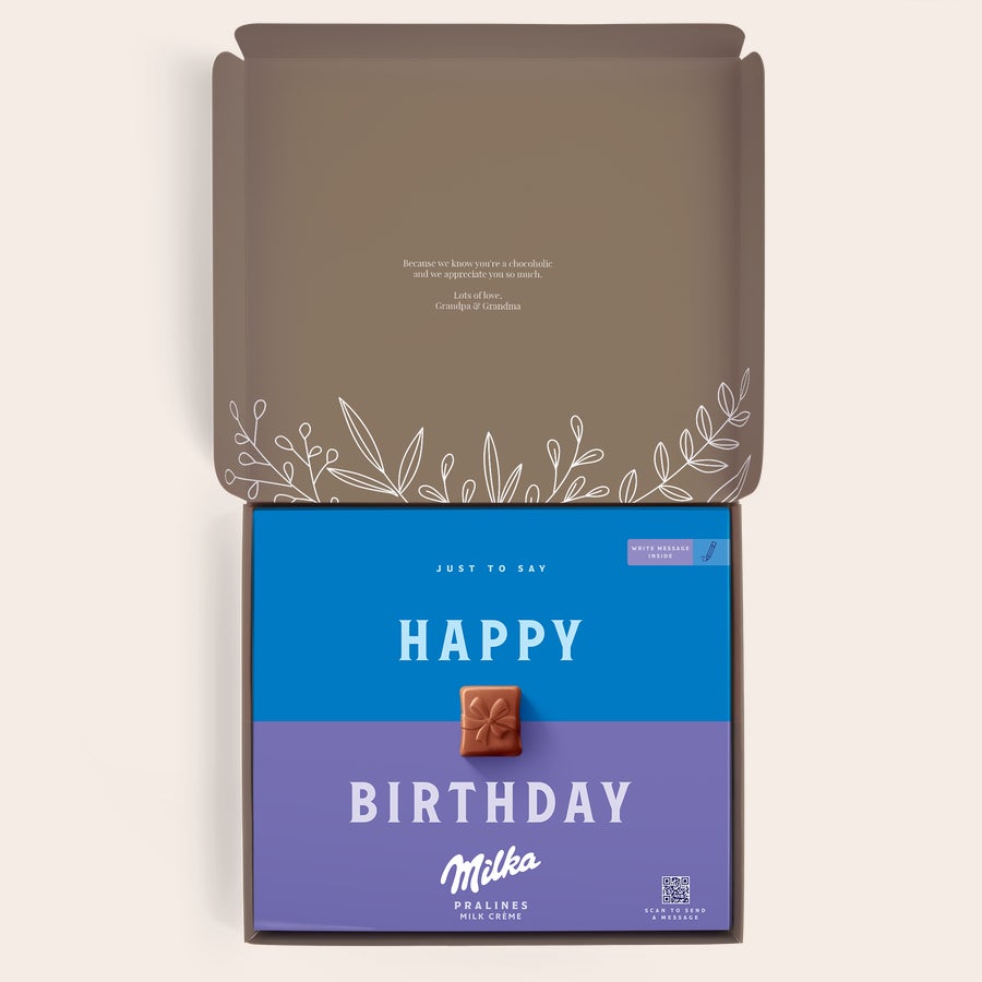 Praline Milka Vă mulțumim Cutie cadou personalizată Milka cu praline, imprimată cu mesajul "Happy Birthday" și un text personalizat.