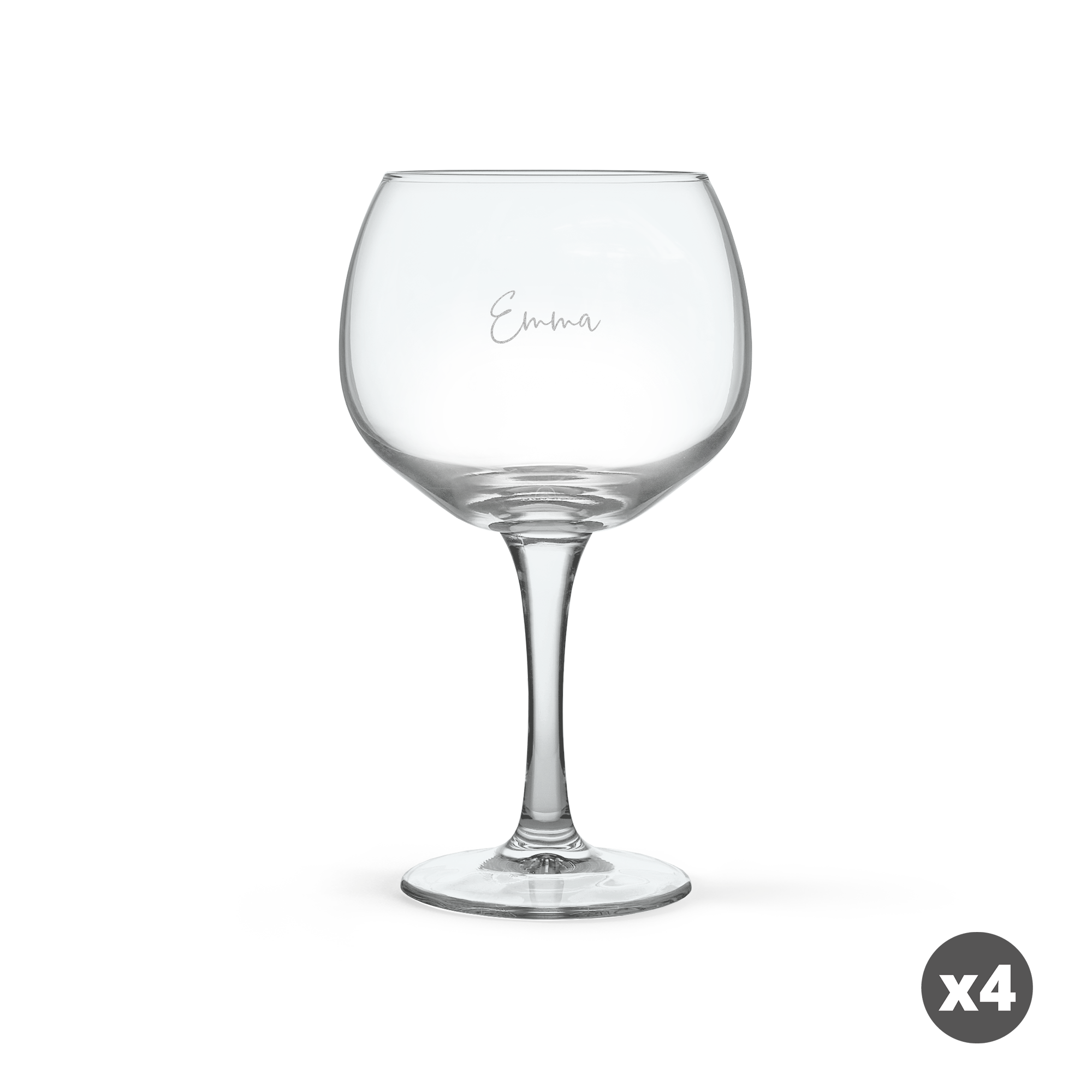 Gin Tonic glas met naam Emma, gegraveerd in sierlijke letters, inclusief set van 4 glazen