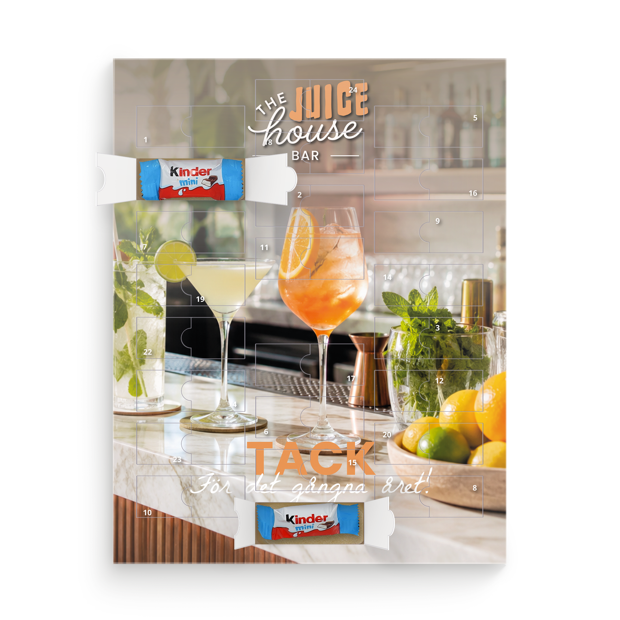 Personaliserad Kinder choklad adventskalender med en bild av en bar, drinkar och texten "The Juice House Bar" och "Tack för det gångna året!" tryckt på framsidan.