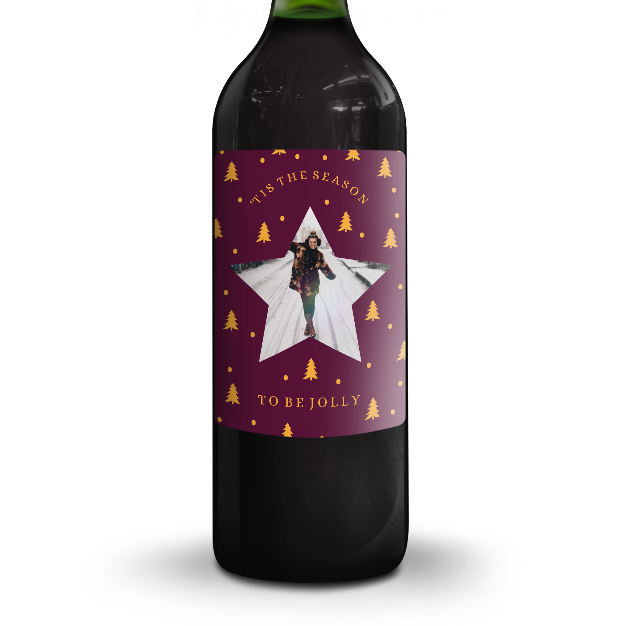 Regala una deliziosa bottiglia di glühwein con etichetta personalizzata con foto a forma di stella e testo natalizio