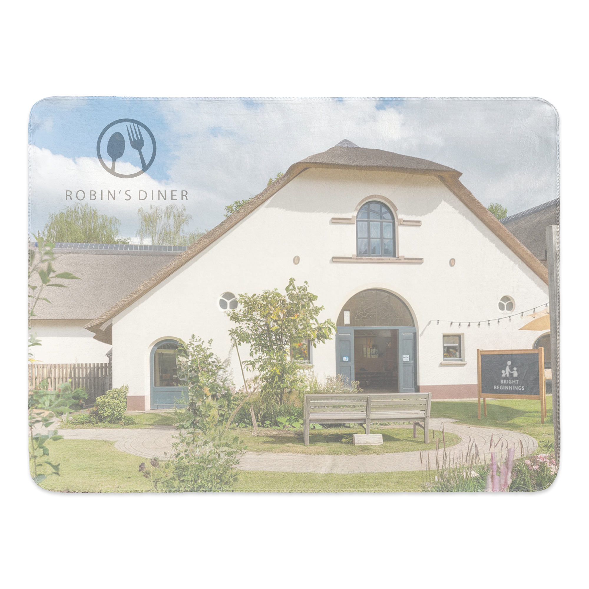 Coperta in pile personalizzata con la foto di un edificio e il testo Robin's Diner, per un lettino super accogliente