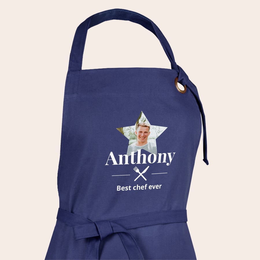 Apron Navy blue kitchen apron printed with a photo of a man and the text Anthony Best Chef Ever