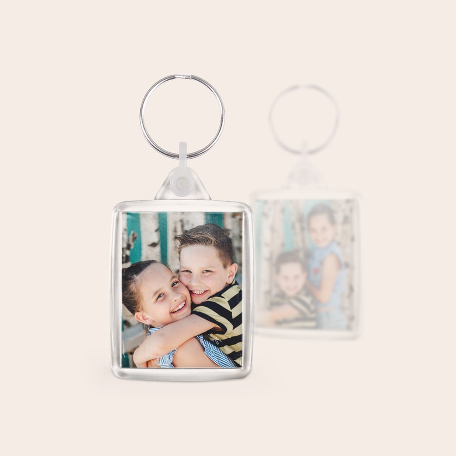 Set de porte-clés photo transparent - 3 pièces (double face) Set de porte-clés personnalisé en plexi avec photo imprimée de deux enfants souriants
