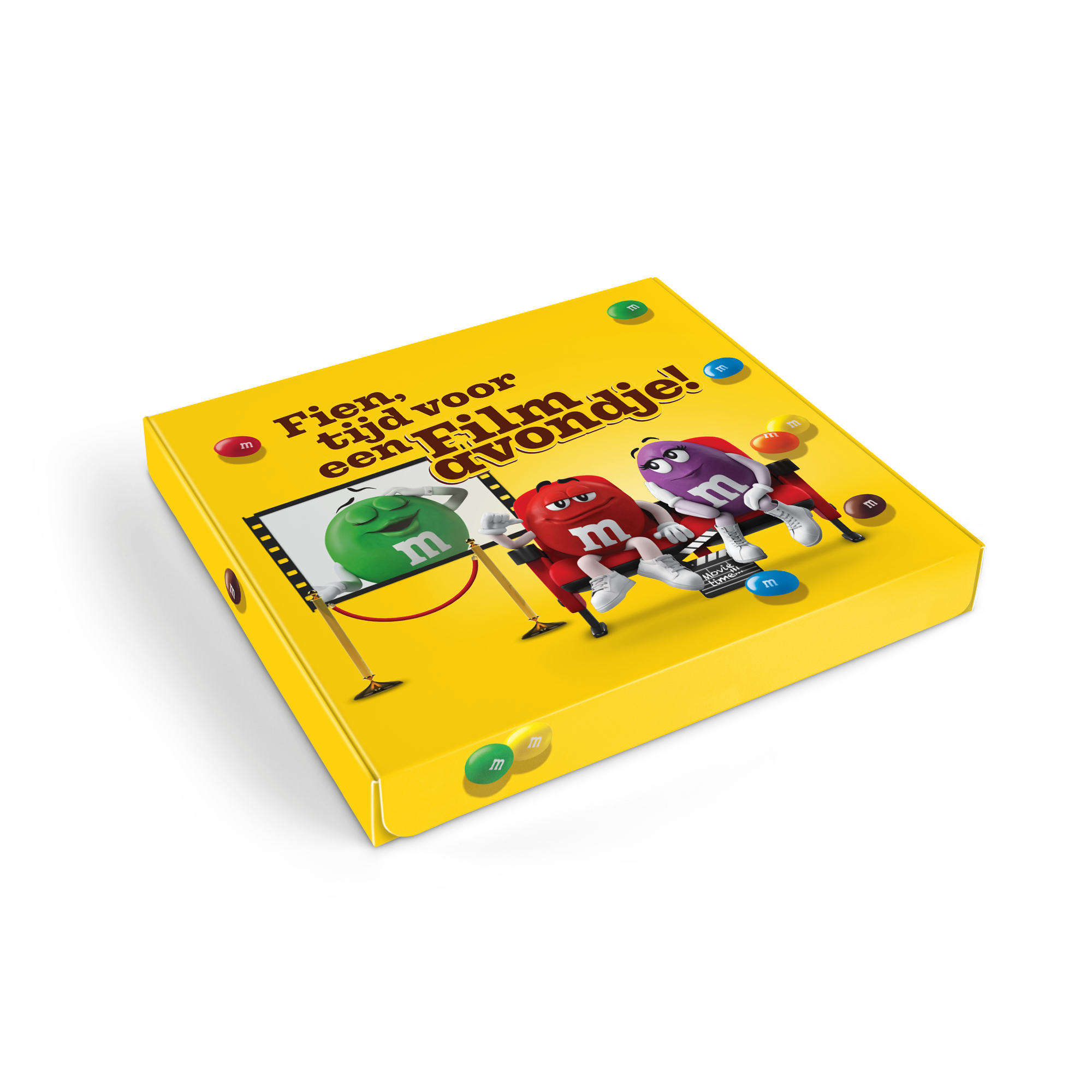 Gepersonaliseerde M&M’S Film Giftbox met de tekst Fien, tijd voor een Filmovondje!, bedrukt met M&M’S personages.