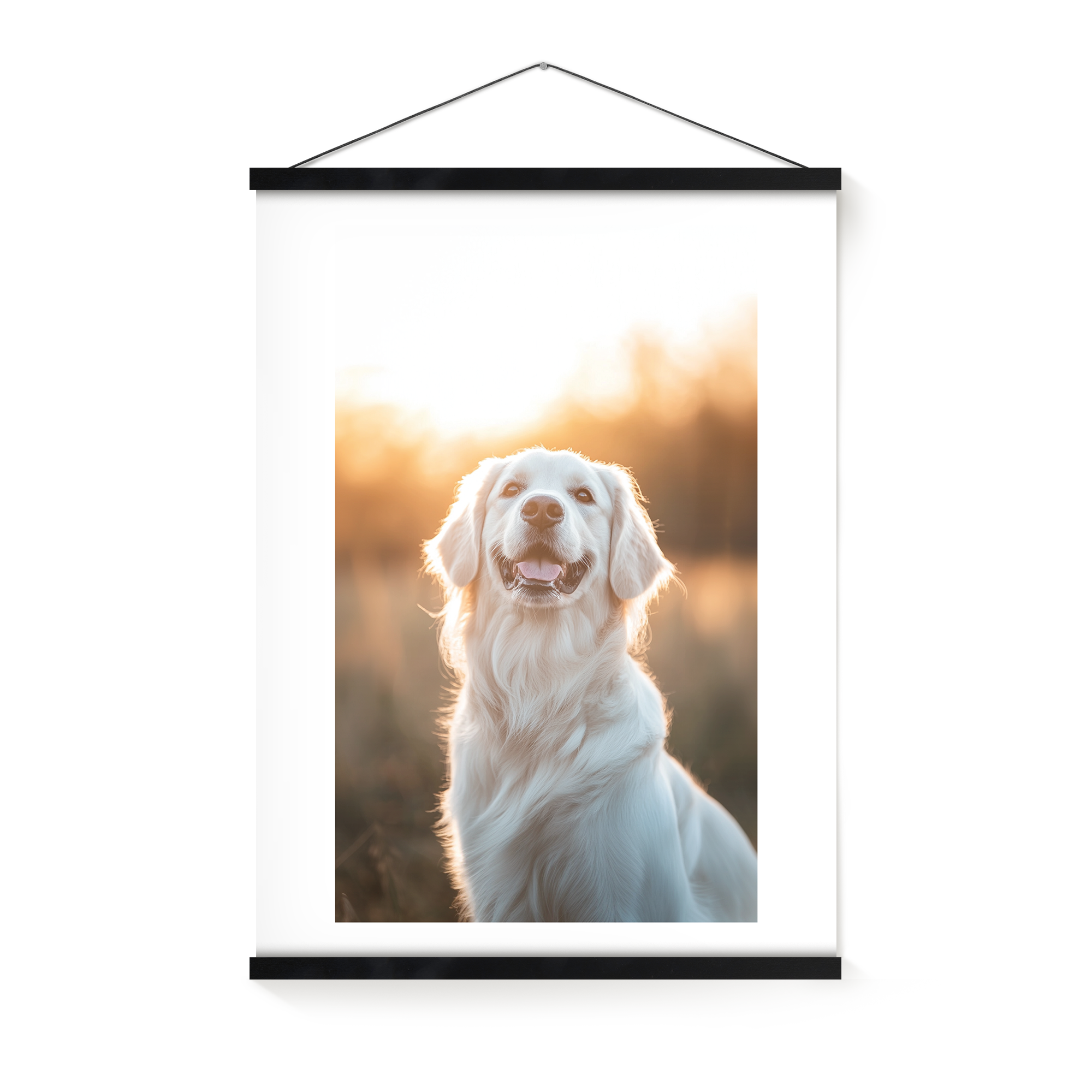 Fotoposter mit einem strahlenden Golden Retriever, gedruckt und in einer schwarzen magnetischen Posterleiste zum Aufhängen Verewige deine schönsten Momenten mit einem Fotoposter mit magnetischer Posterleiste an der Wand