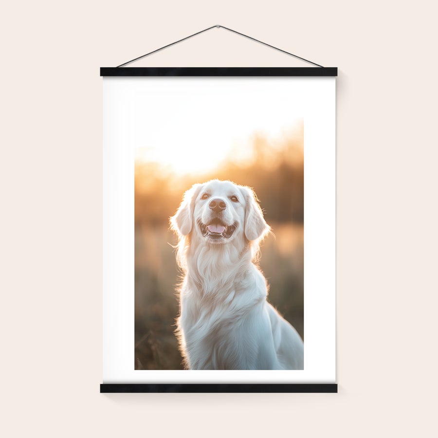 Poster  Personalizzato con Cornice da Appendere Poster da parete personalizzato con la foto di un golden retriever al tramonto, stampato su carta di alta qualità