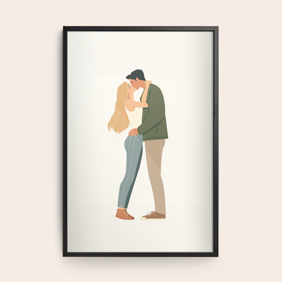 Personlig plakat i ramme Personlig plakat med trykt illustration af et kyssende par, sort træramme og satin finish