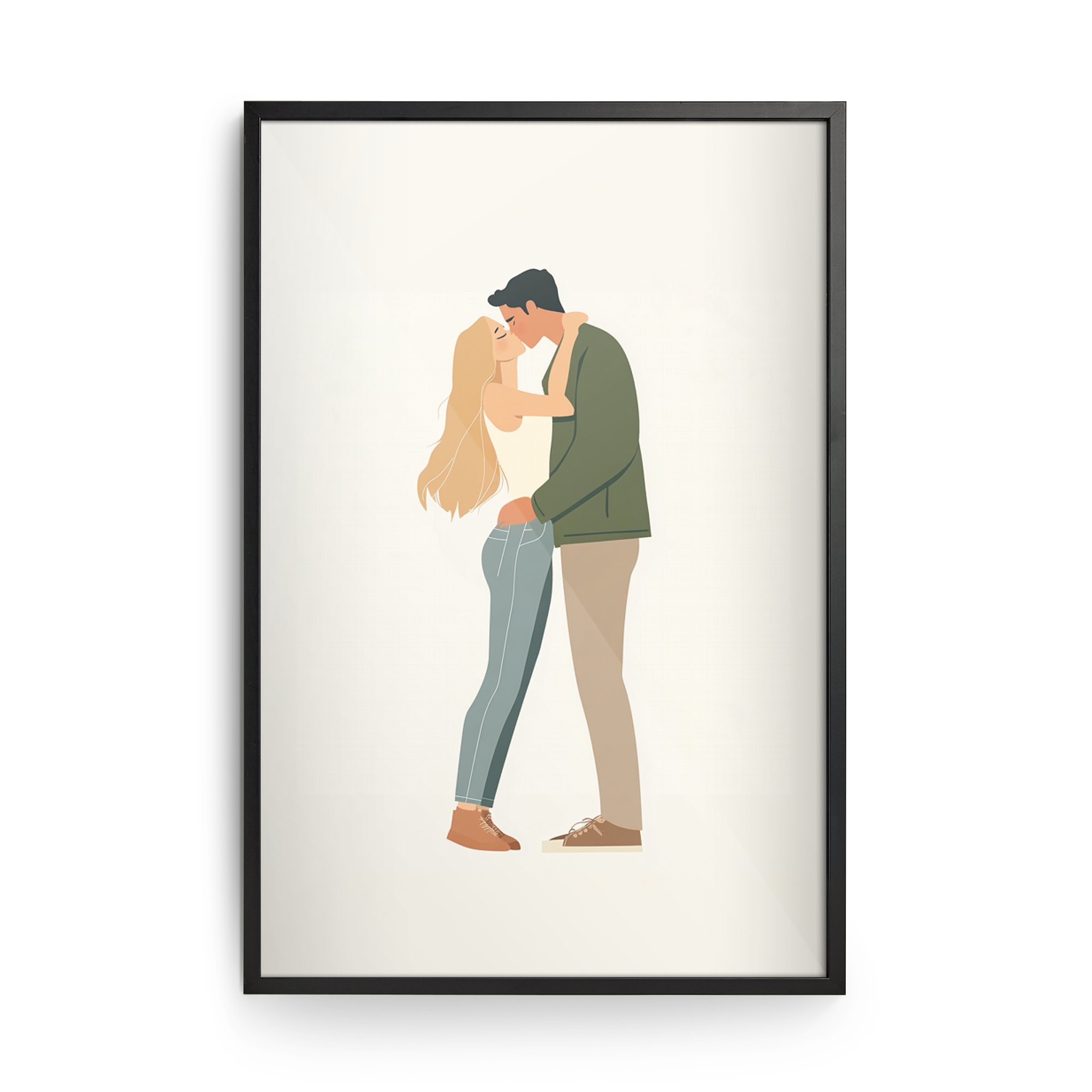 Gepersonaliseerde fotoafdruk met illustratie van een zoenend stel in een zwarte houten lijst om aan de muur te hangen