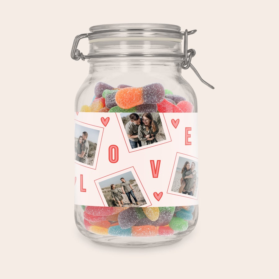 Barattolo di caramelle personalizzato Barattolo di dolciumi personalizzato con bastoncini aspri, stampato con foto e la scritta LOVE