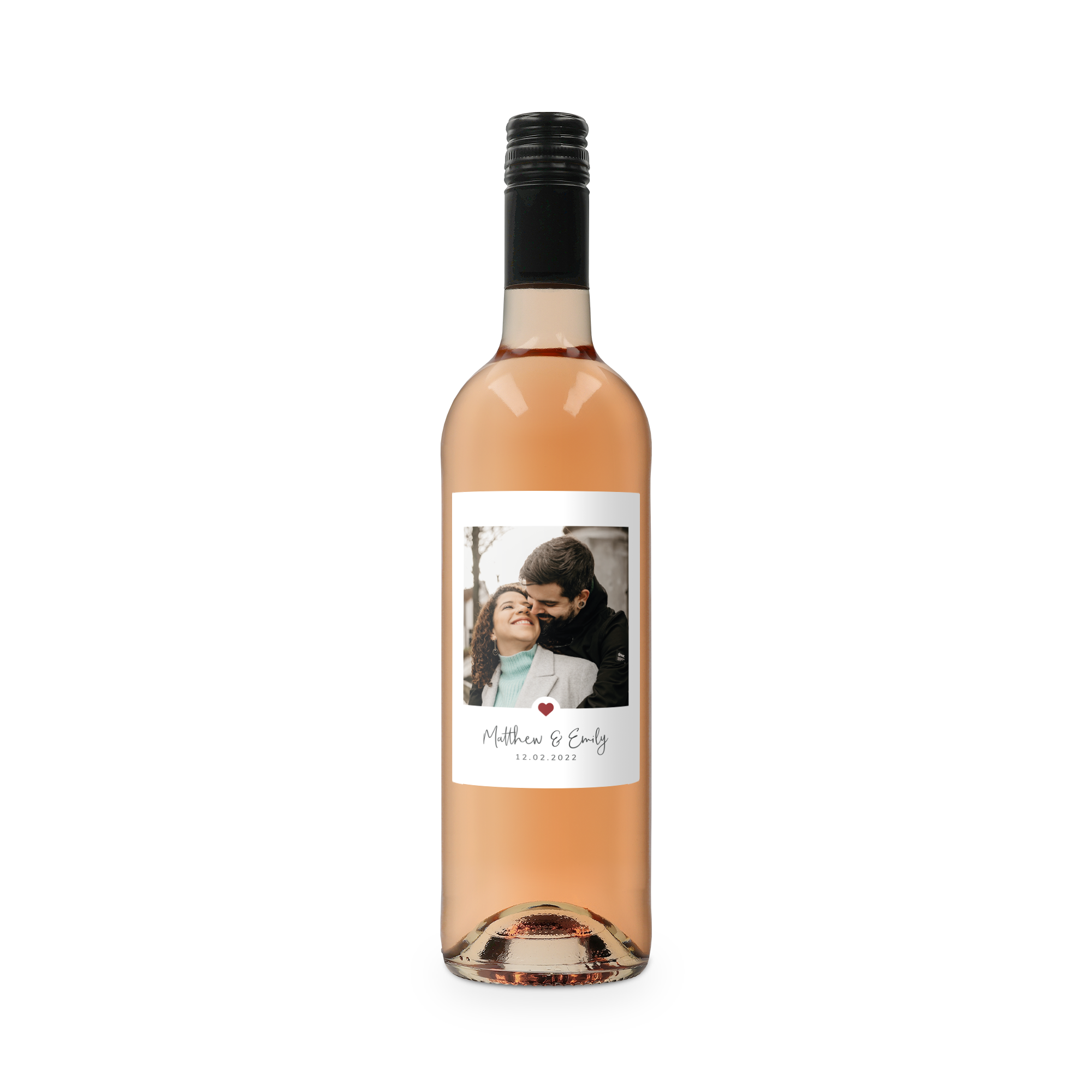 Botella de vino rosado Belvy con etiqueta personalizada, impresa con la foto de una pareja y el texto Matthew & Emily, 12.02.2022.