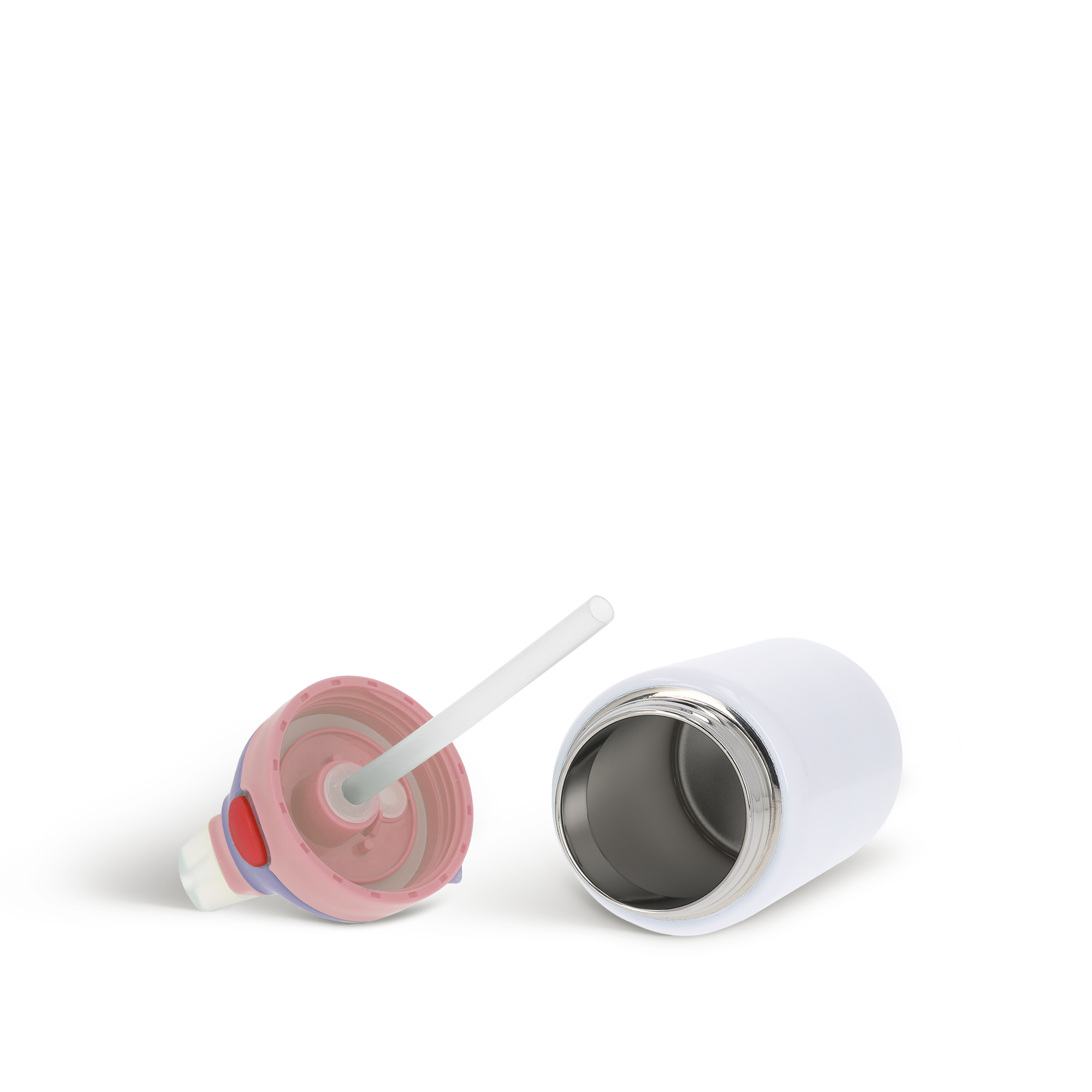 Garrafa infantil branca com tampa rosa e canudo. Personalize para tornar a hidratação divertida.