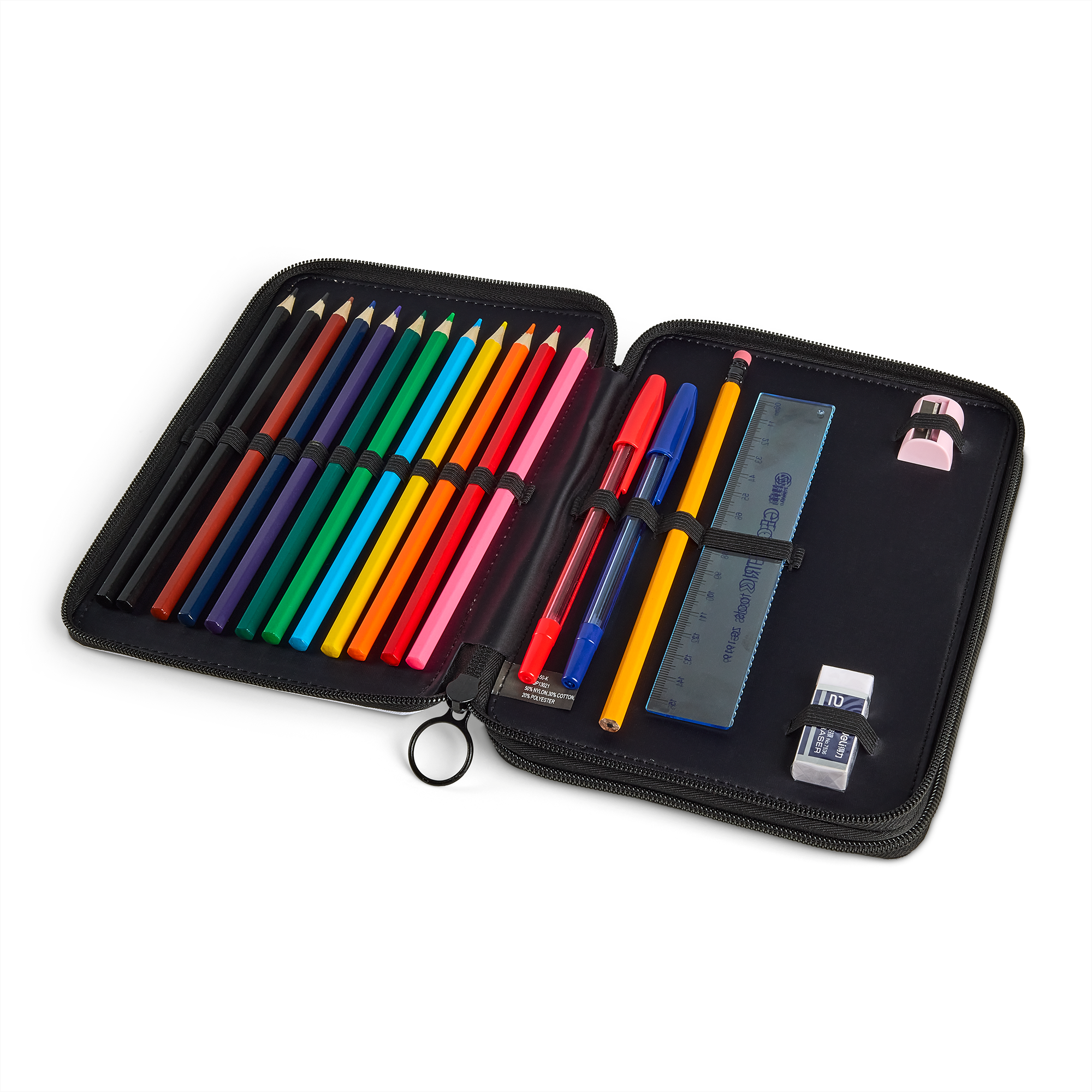 Plumier de dibujo personalizado con cremallera, abierto con 32 piezas, incluyendo lápices de colores, bolígrafos, lápiz, regla, sacapuntas y goma.