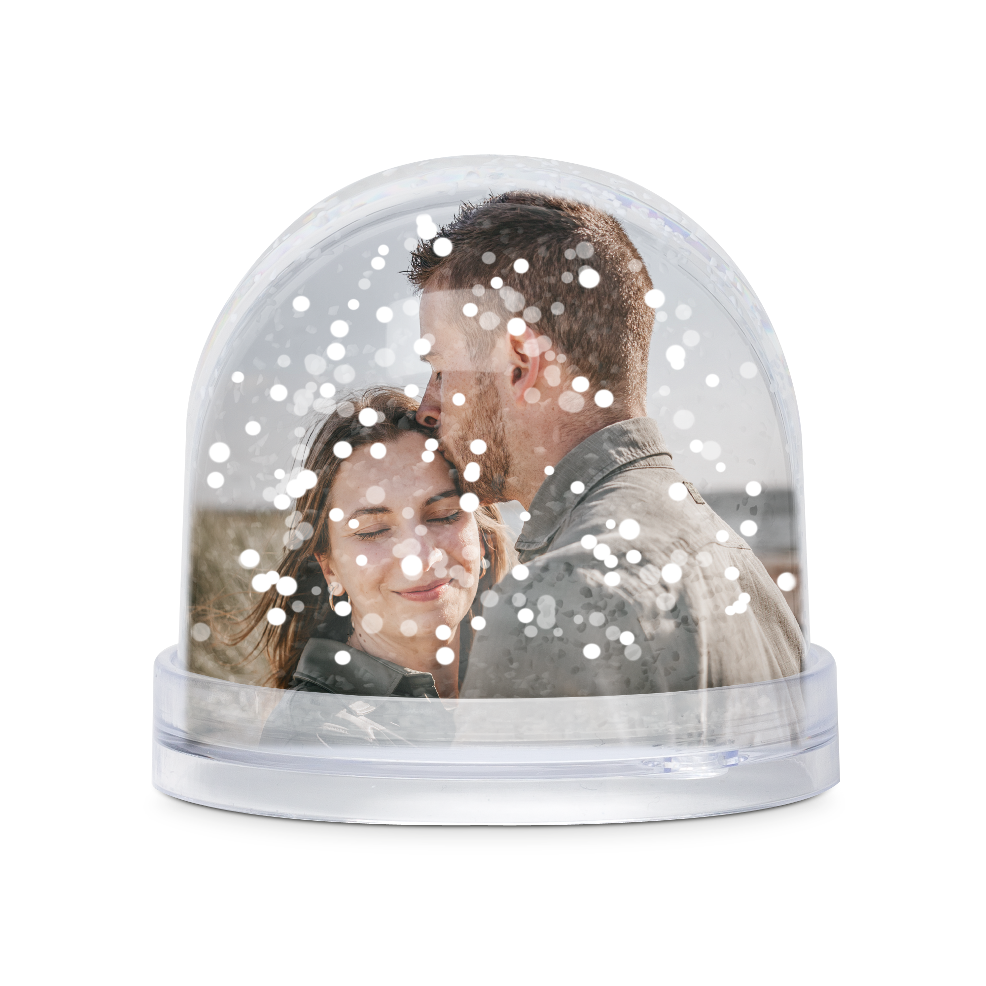 Bola de nieve personalizada con foto de pareja, impresa a doble cara y cubierta de nieve.