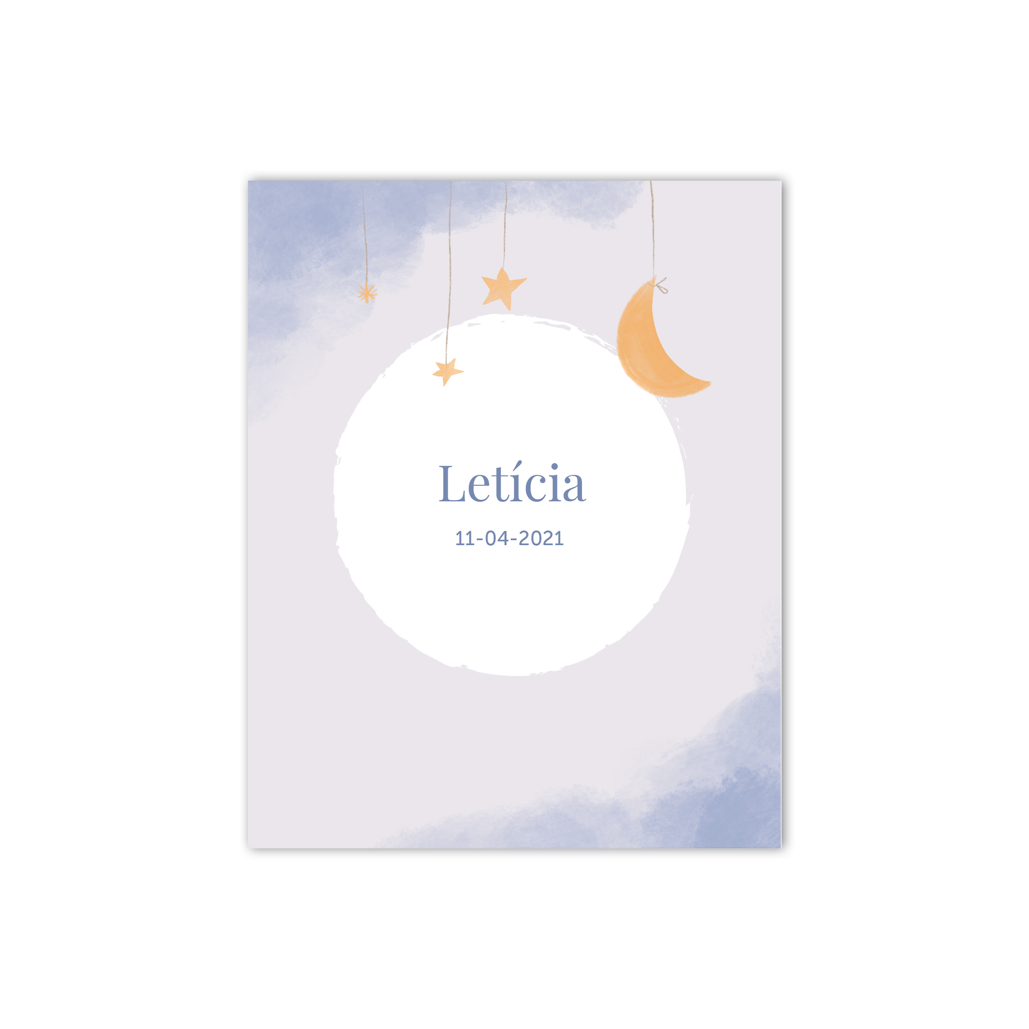 Személyre szabott baba születési poszter a Letícia névvel és 2021. április 11-i dátummal, csillag és hold motívumokkal díszítve, egyedi felirattal.