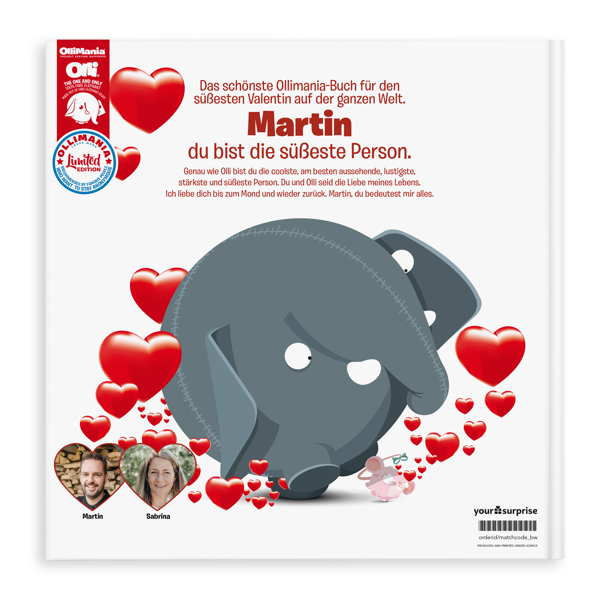 Personalisiertes Ollimania-Buch mit dem Namen Martin, den Fotos von Martin und Sabrina und dem Text "du bist die süßeste Person", um deinen besonderen Menschen mit einem süßen Ollimania-Buch zu überraschen.