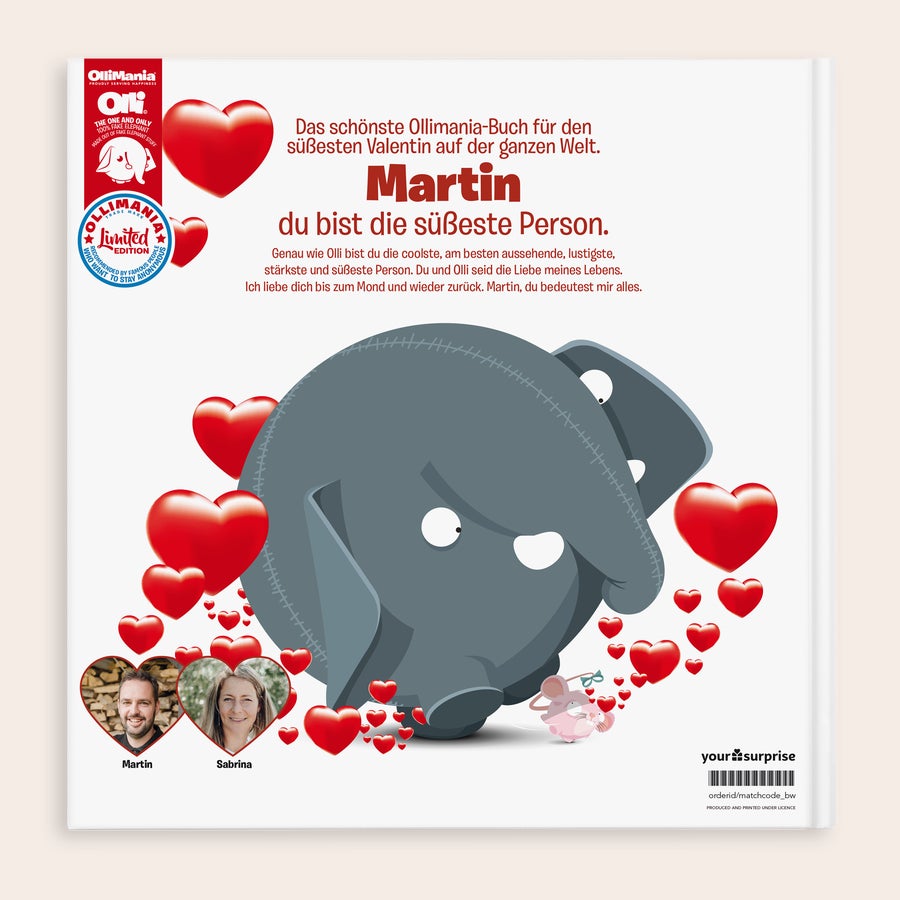 Du bist mein Valentin/Liebling - Buch zum Valentinstag Personalisiertes Ollimania-Buch mit dem Namen Martin, den Fotos von Martin und Sabrina und dem Text "du bist die süßeste Person", um deinen besonderen Menschen mit einem süßen Ollimania-Buch zu überraschen.