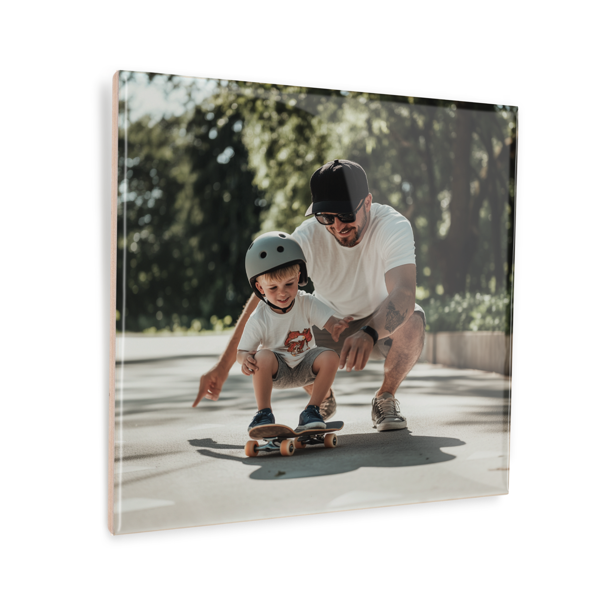 Azulejo personalizado impresso com foto de pai ensinando filho a andar de skate