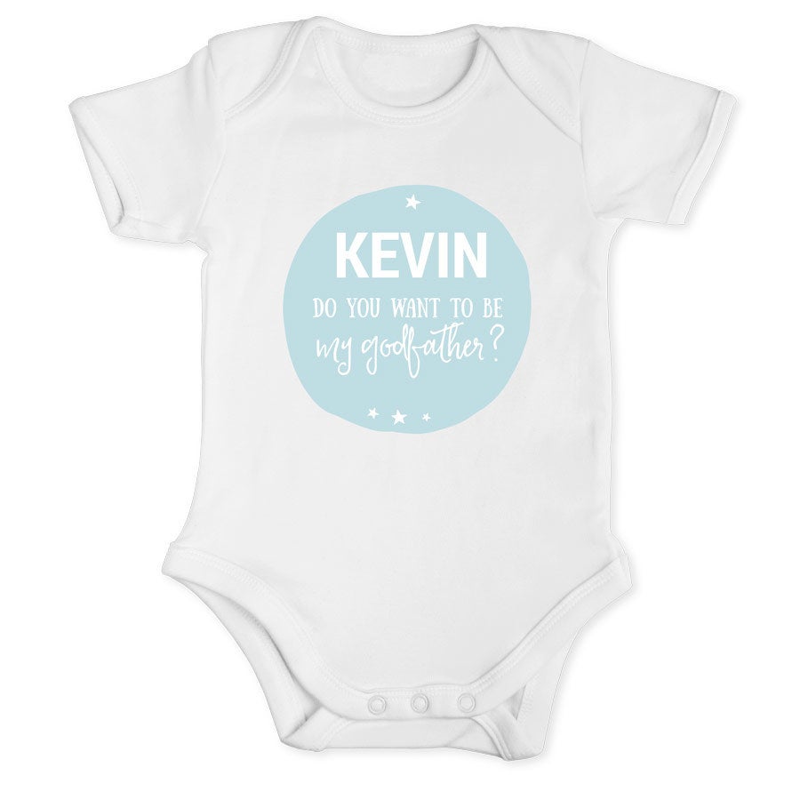 Sarai il mio padrino - onesie Tutina bianca personalizzata con la scritta stampata blu "KEVIN Do you want to be my godfather?" e stelle