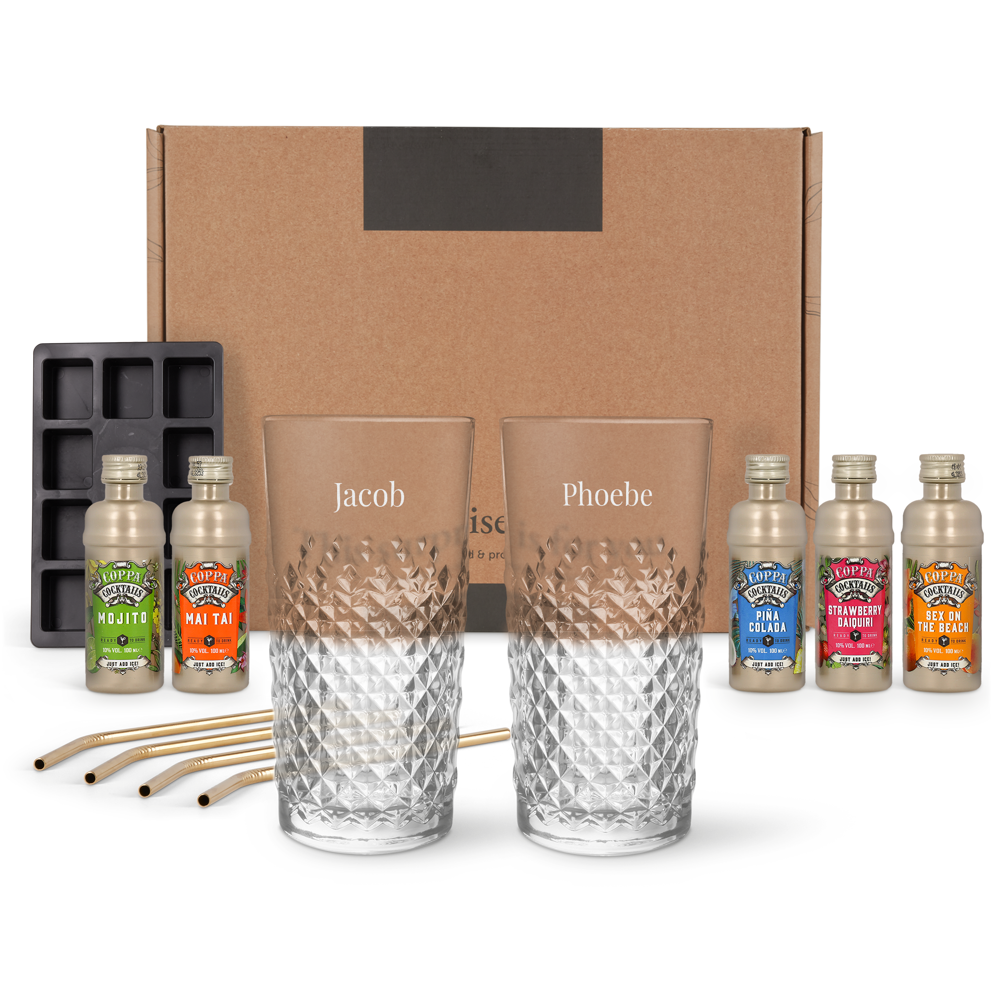 Conjunto de coquetéis personalizado com copos gravados Jacob e Phoebe, 5 bebidas e acessórios. Surpreenda seu apreciador de coquetéis favorito com este presente.